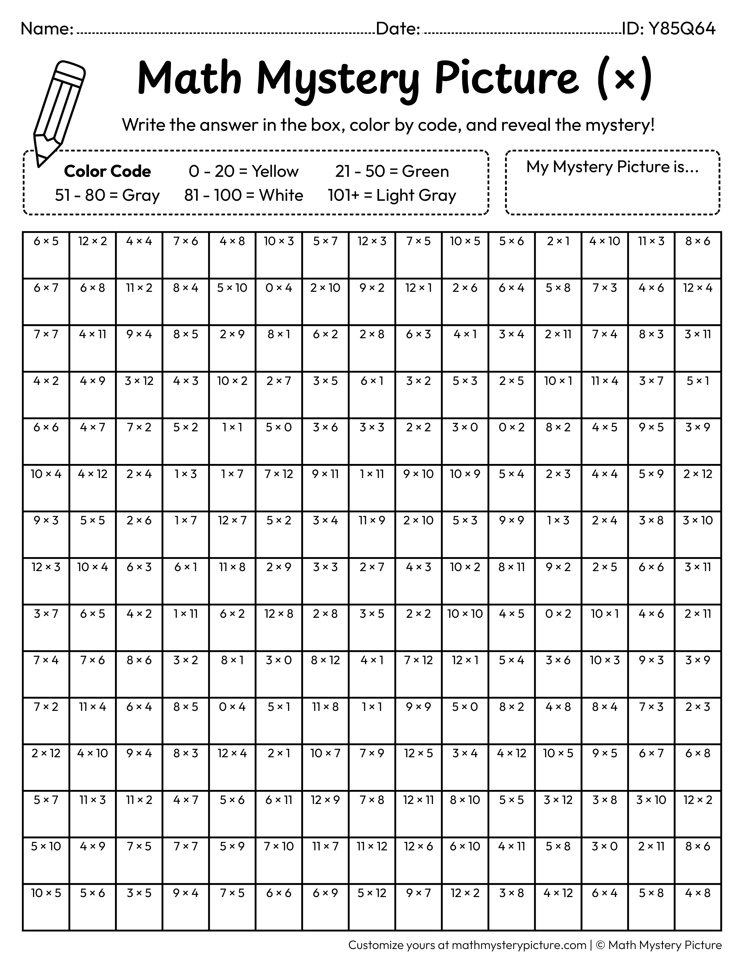 Earth Day Light Bulb Multiplication Facts Math Mystery Picture Coloring Worksheet