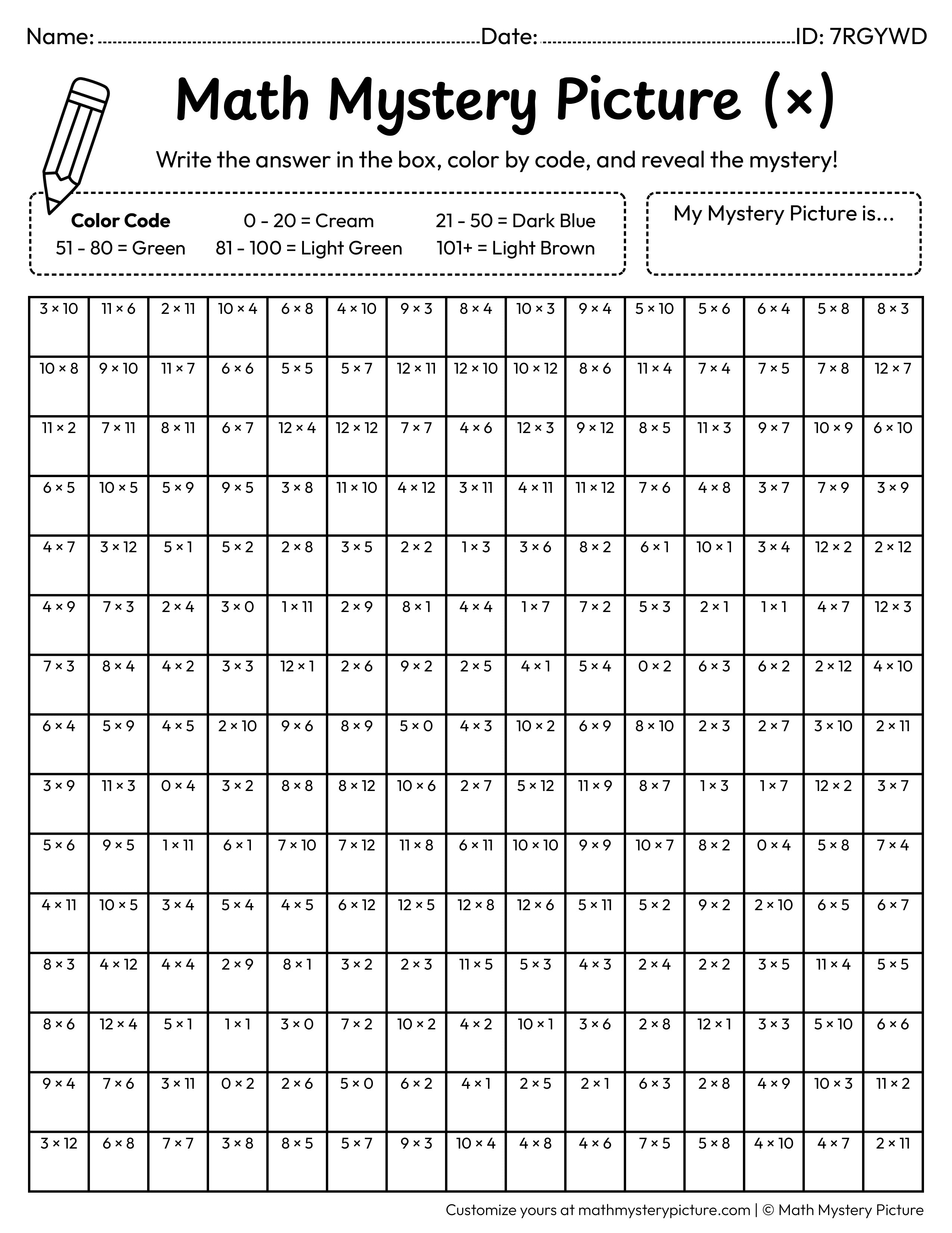 Earth Day Reusable Bag Multiplication Facts Math Mystery Picture Coloring Worksheet