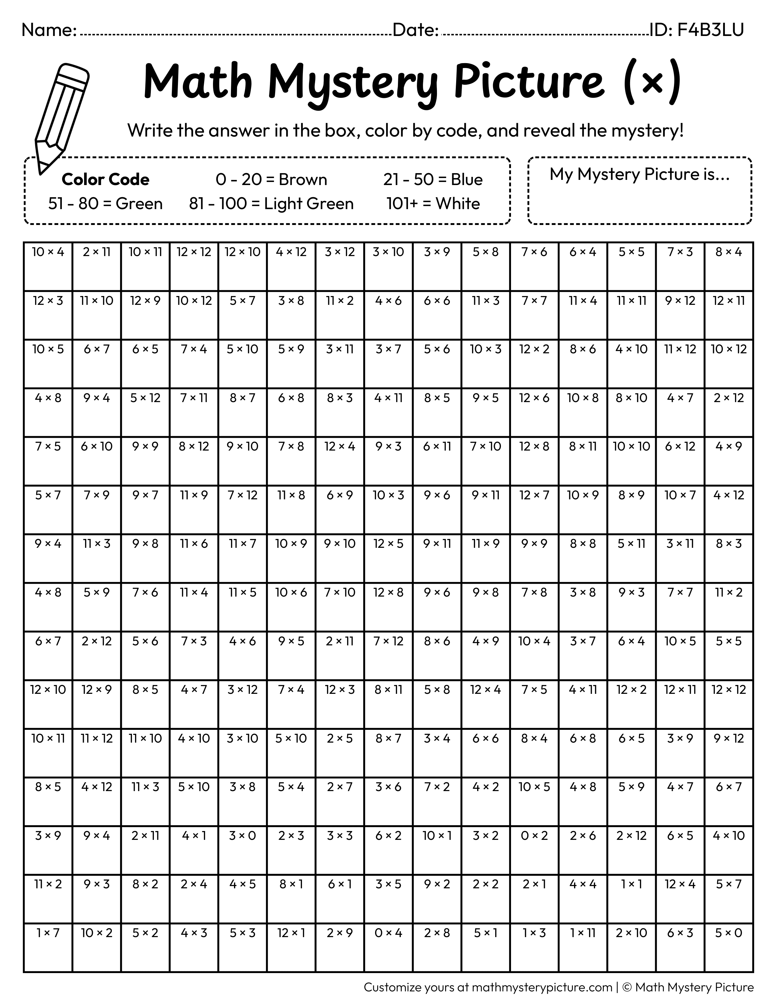 Earth Day Sprout Multiplication Facts Math Mystery Picture Coloring Worksheet