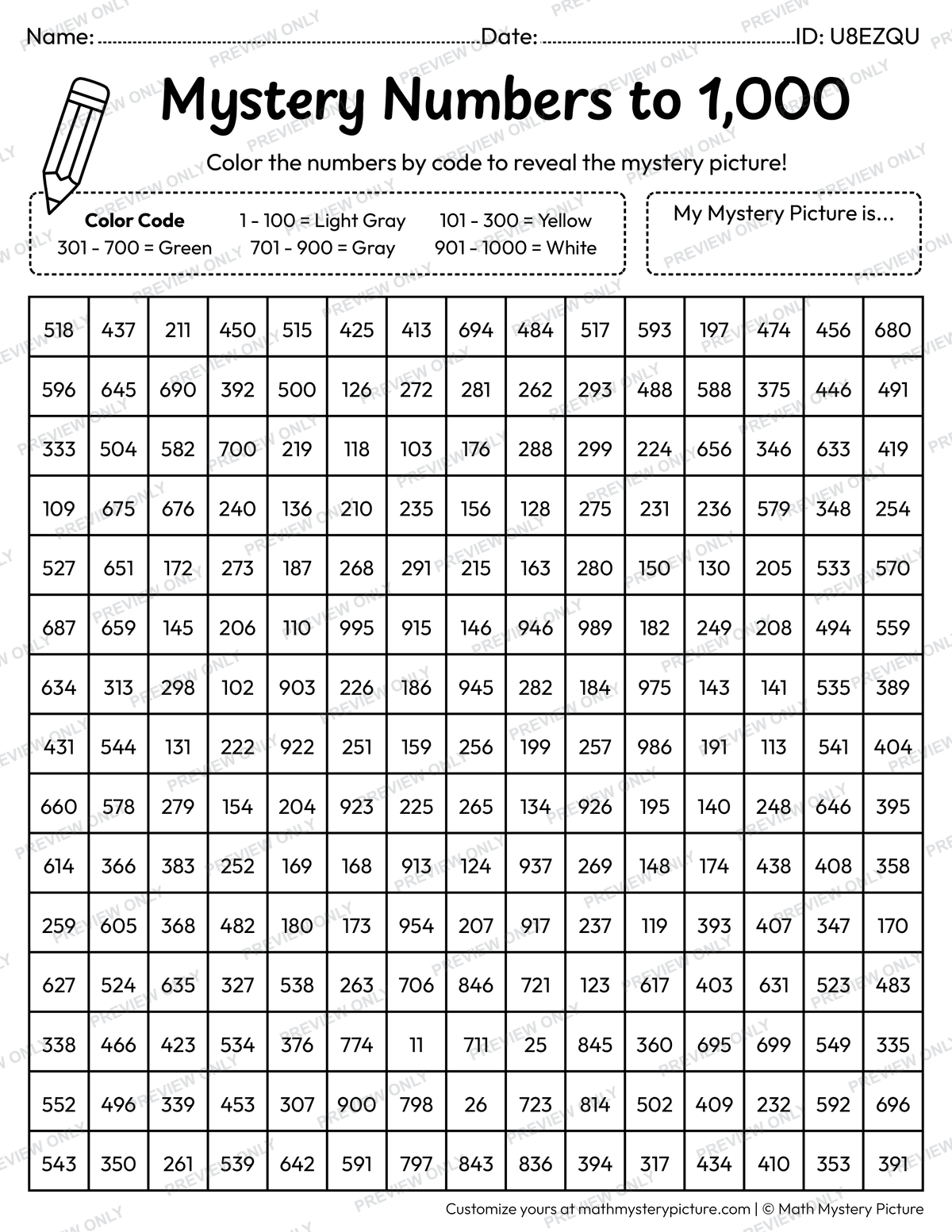 Earth Day Light Bulb Numbers to 1,000 Math Mystery Picture Coloring Worksheet