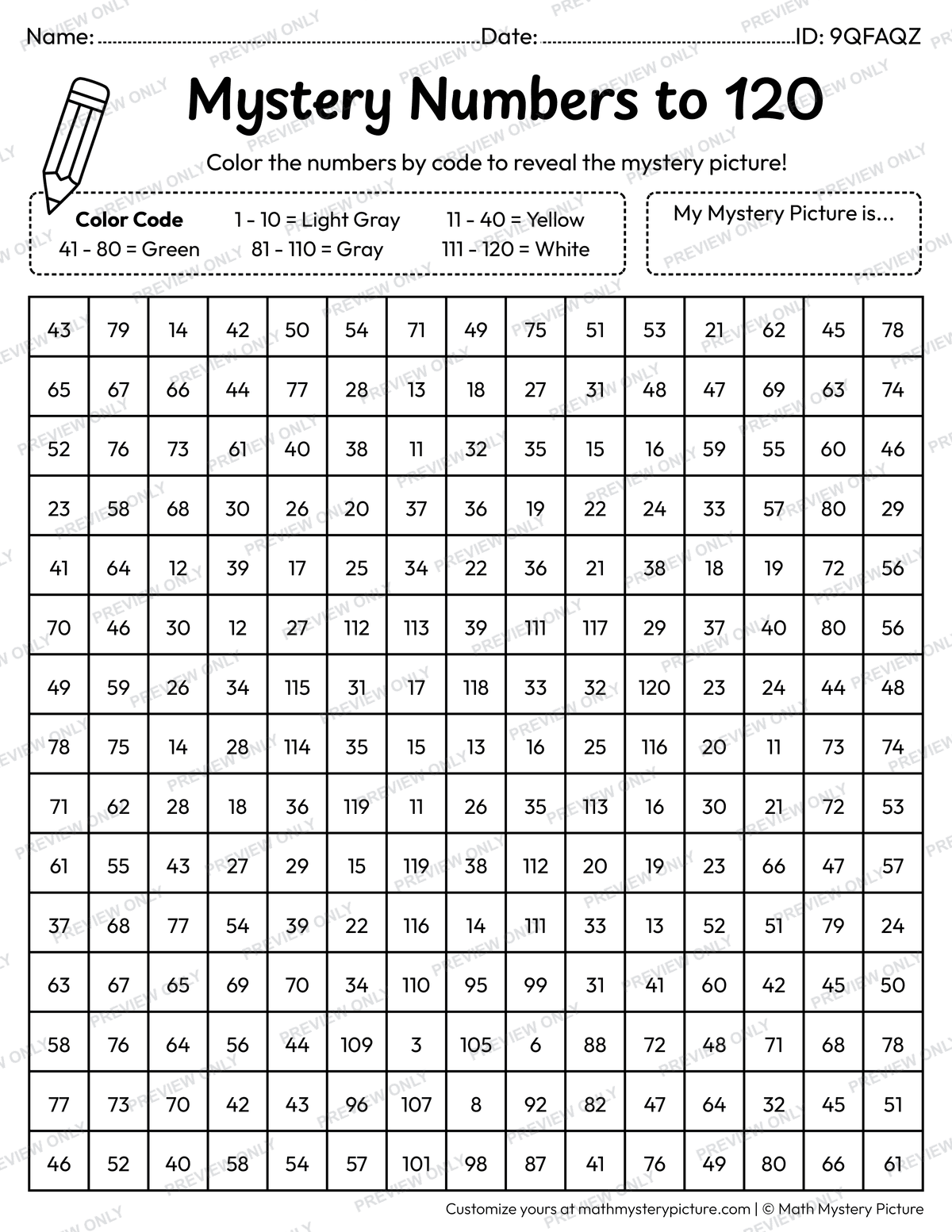 Earth Day Light Bulb Numbers to 120 Math Mystery Picture Coloring Worksheet
