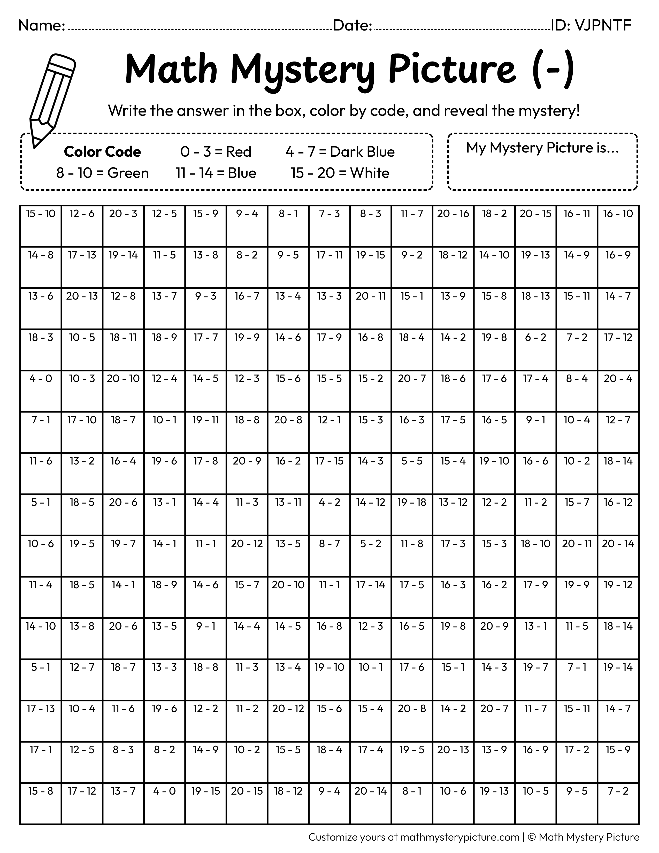 Earth Subtraction Within 20 Math Mystery Picture Coloring Worksheet