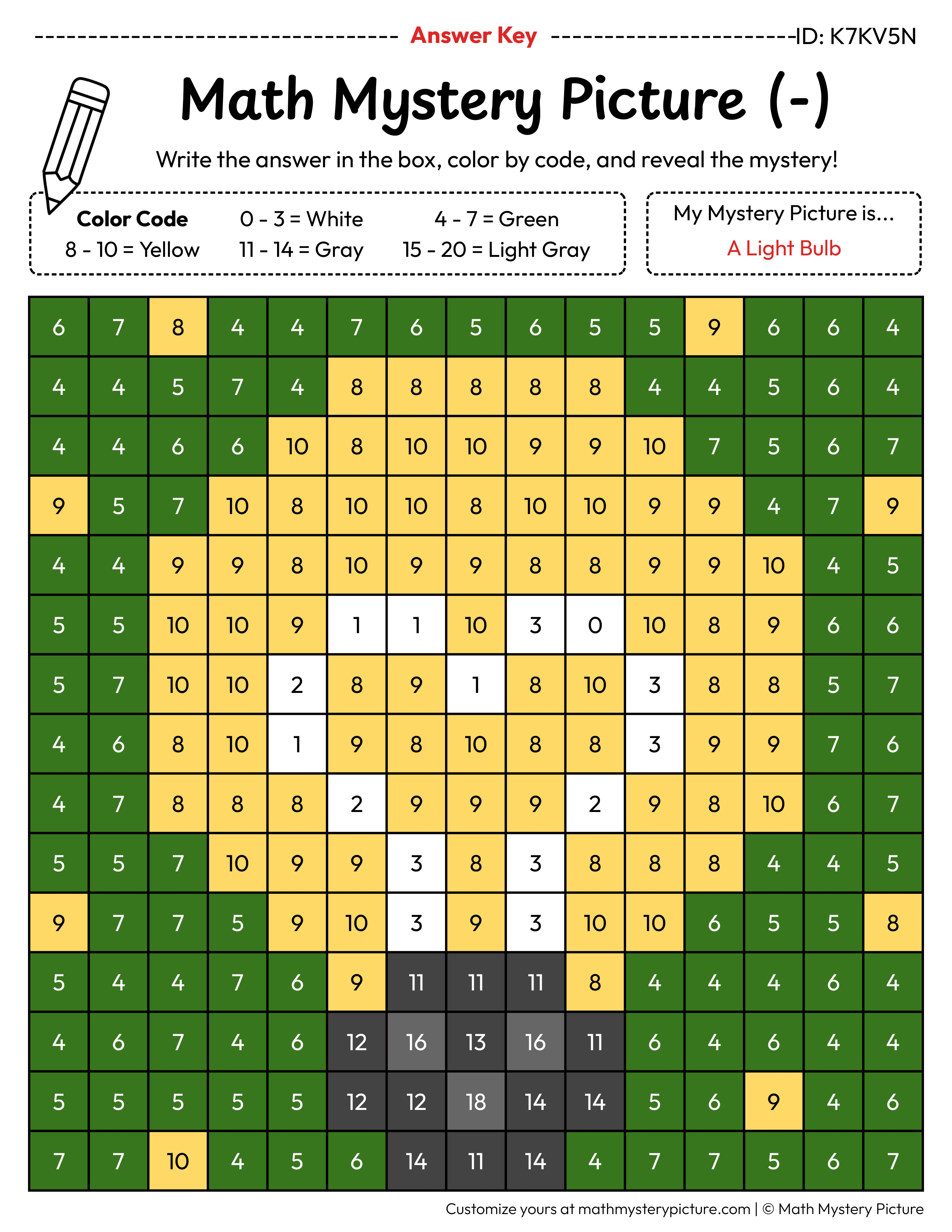 Earth Day Light Bulb Subtraction Within 20 Math Mystery Picture Color by Number Answer Key