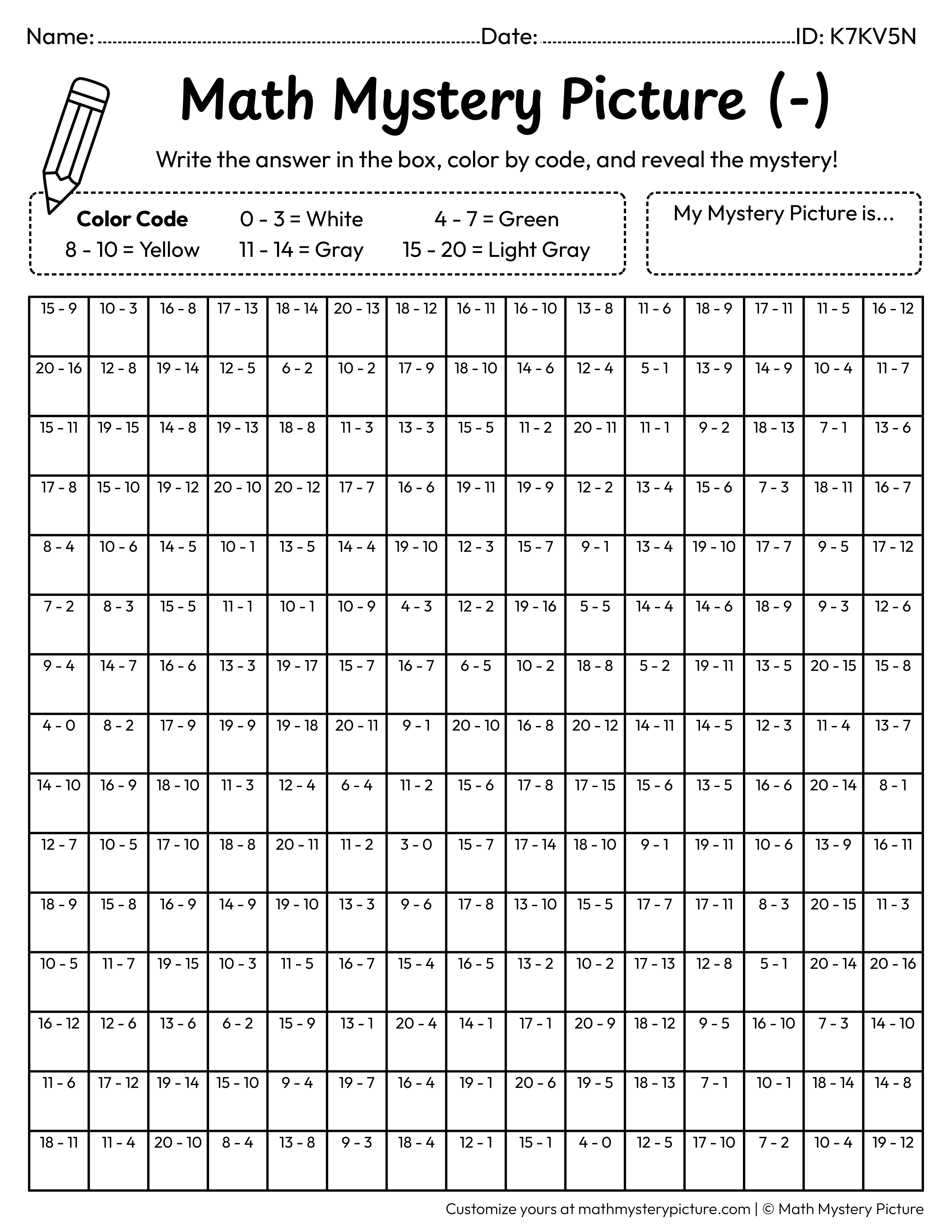 Earth Day Light Bulb Subtraction Within 20 Math Mystery Picture Coloring Worksheet