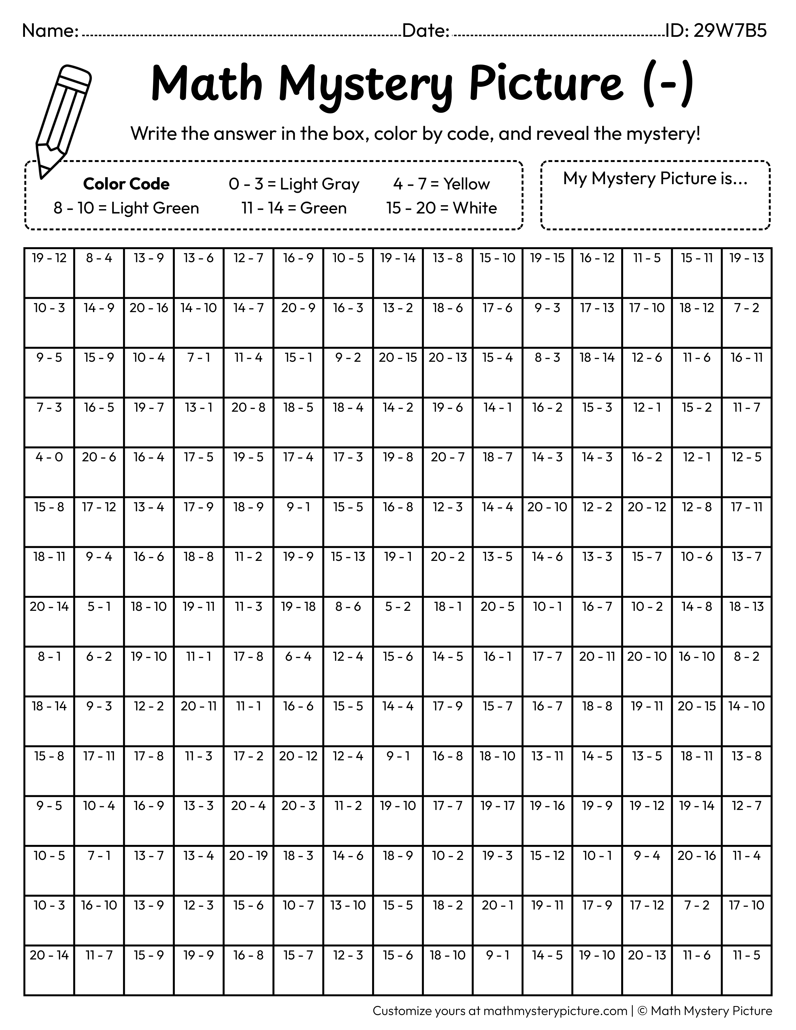 Earth Day Recycle Bin Subtraction Within 20 Math Mystery Picture Coloring Worksheet