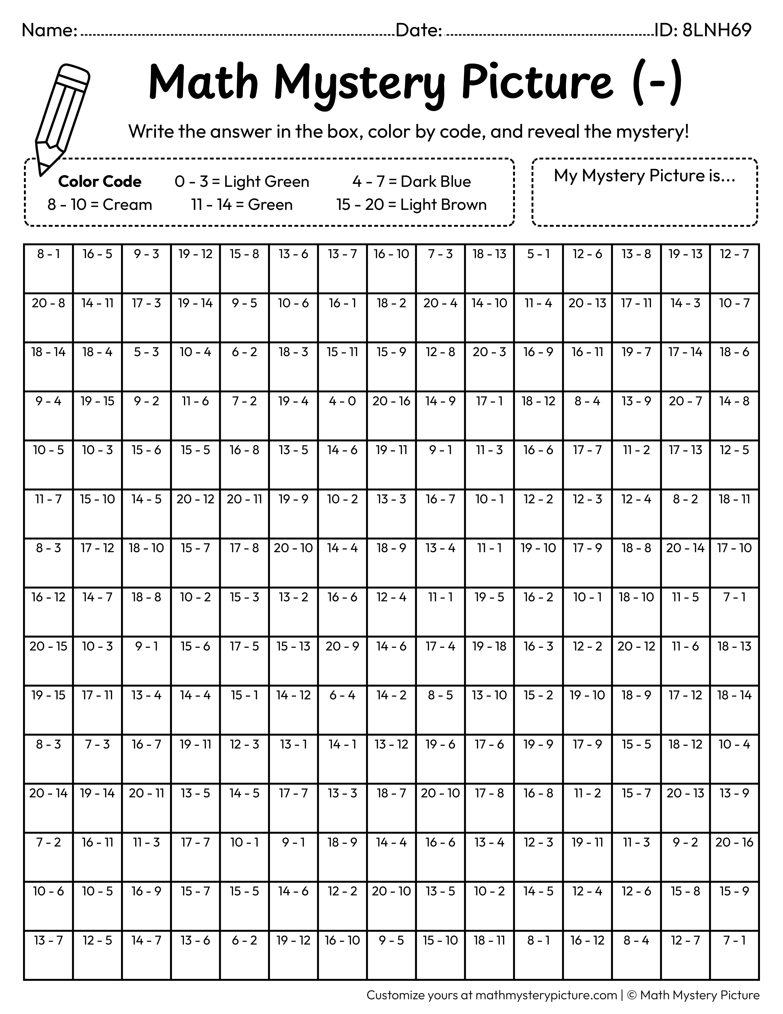 Earth Day Reusable Bag Subtraction Within 20 Math Mystery Picture Coloring Worksheet