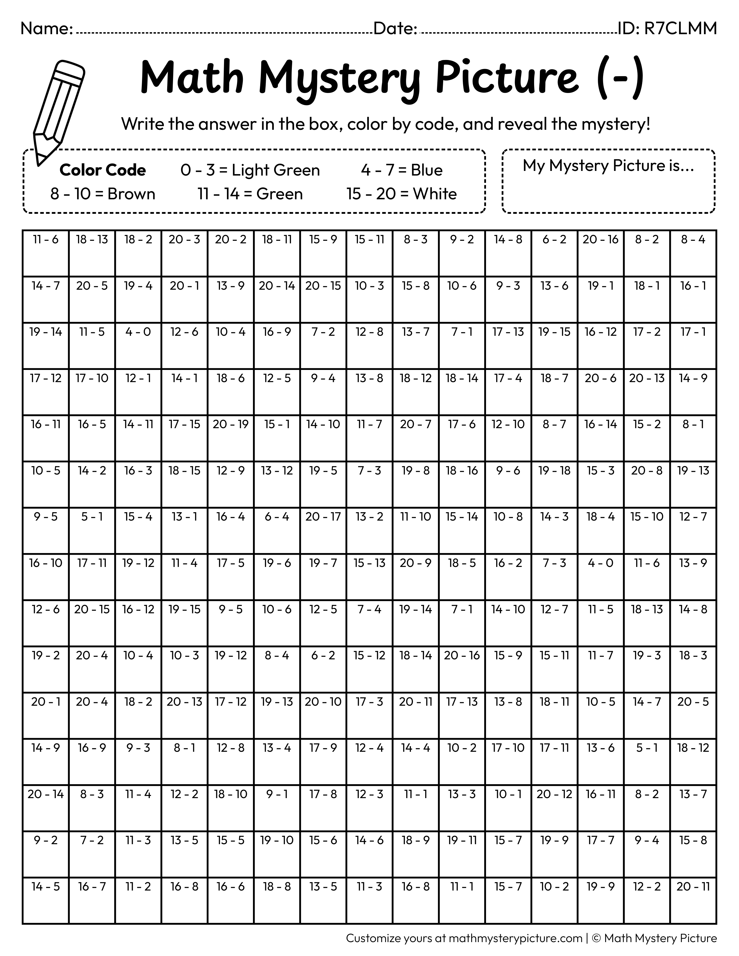 Earth Day Sprout Subtraction Within 20 Math Mystery Picture Coloring Worksheet