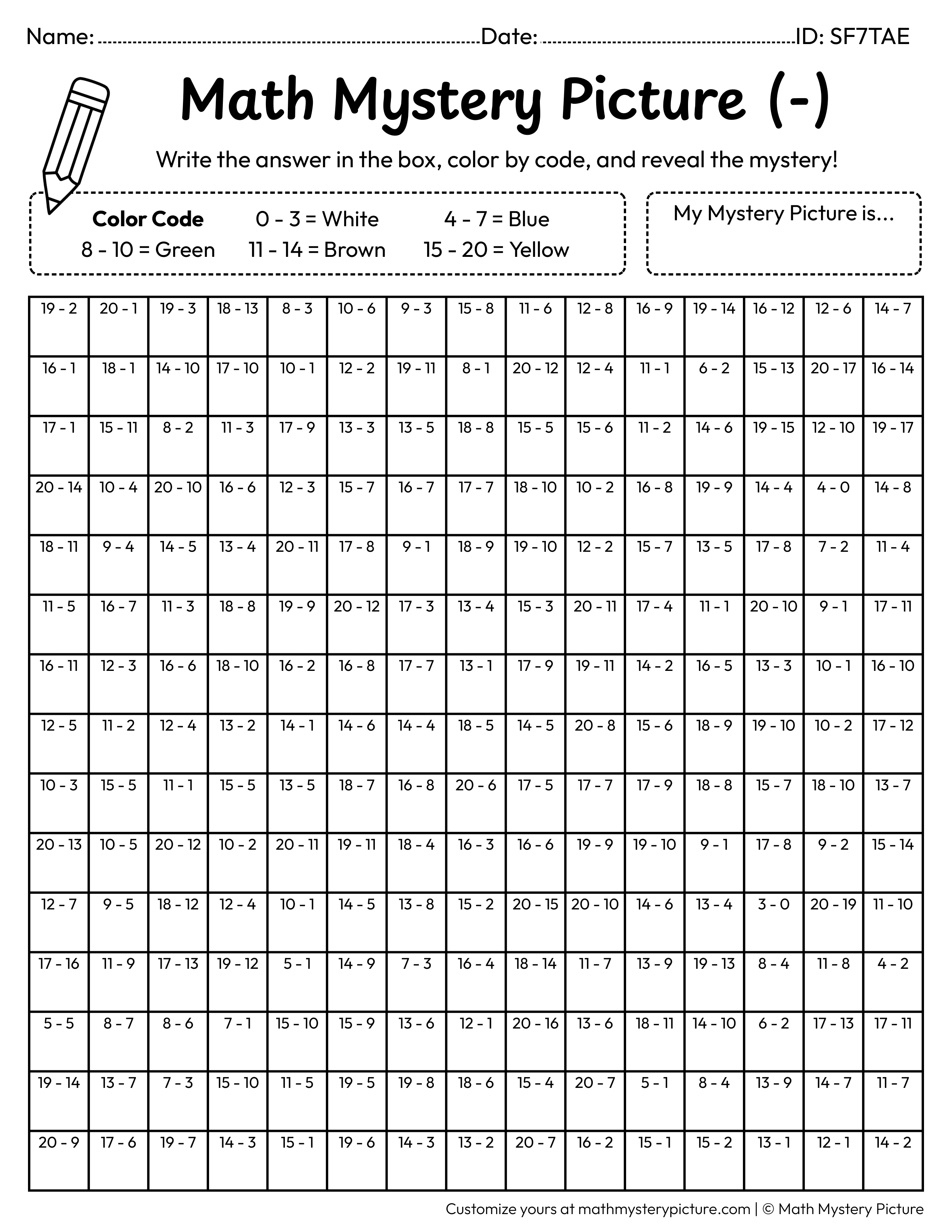 Earth Day Tree Subtraction Within 20 Math Mystery Picture Coloring Worksheet