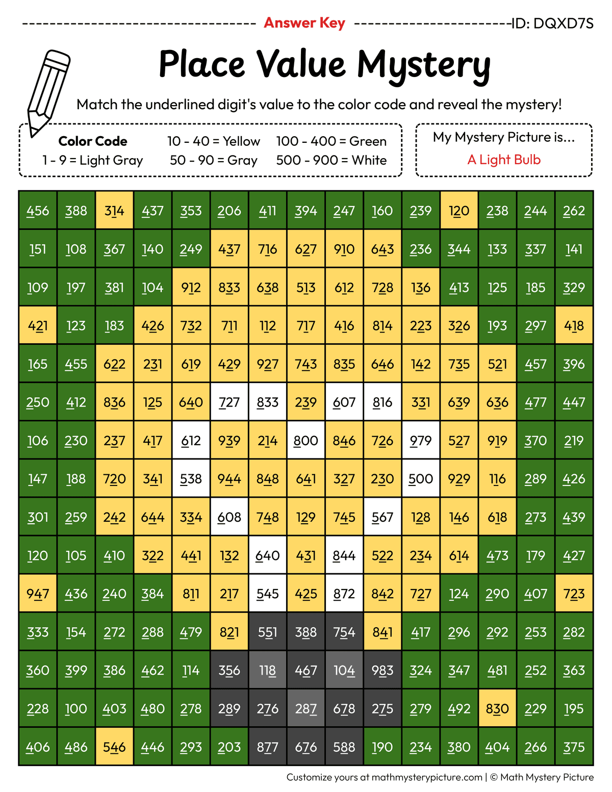 Earth Day Light Bulb Value of Underlined Digit Math Mystery Picture Color by Number Answer Key