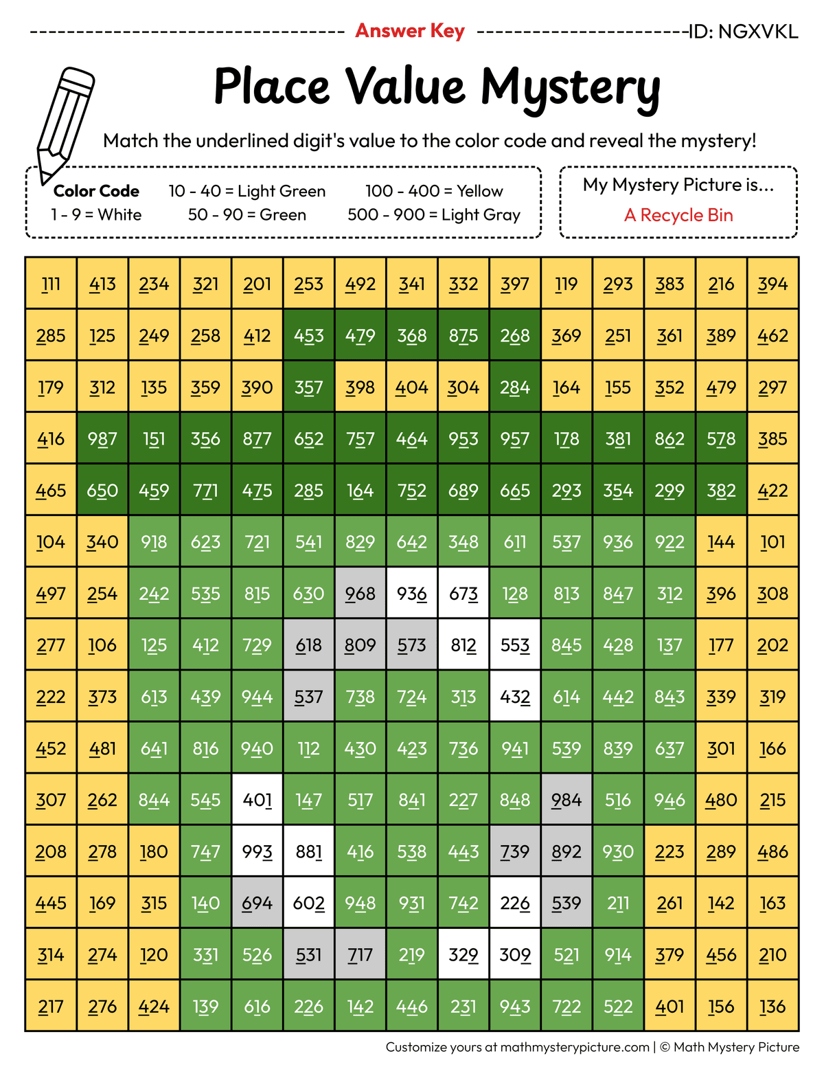 Earth Day Recycle Bin Value of Underlined Digit Math Mystery Picture Color by Number Answer Key