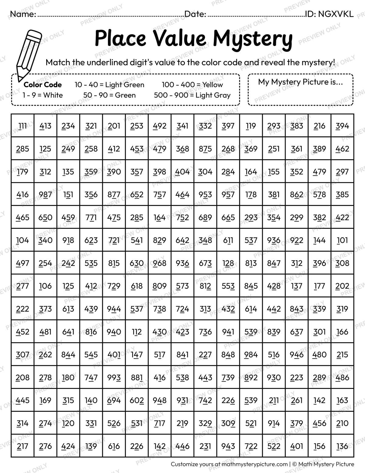 Earth Day Recycle Bin Value of Underlined Digit Math Mystery Picture Coloring Worksheet