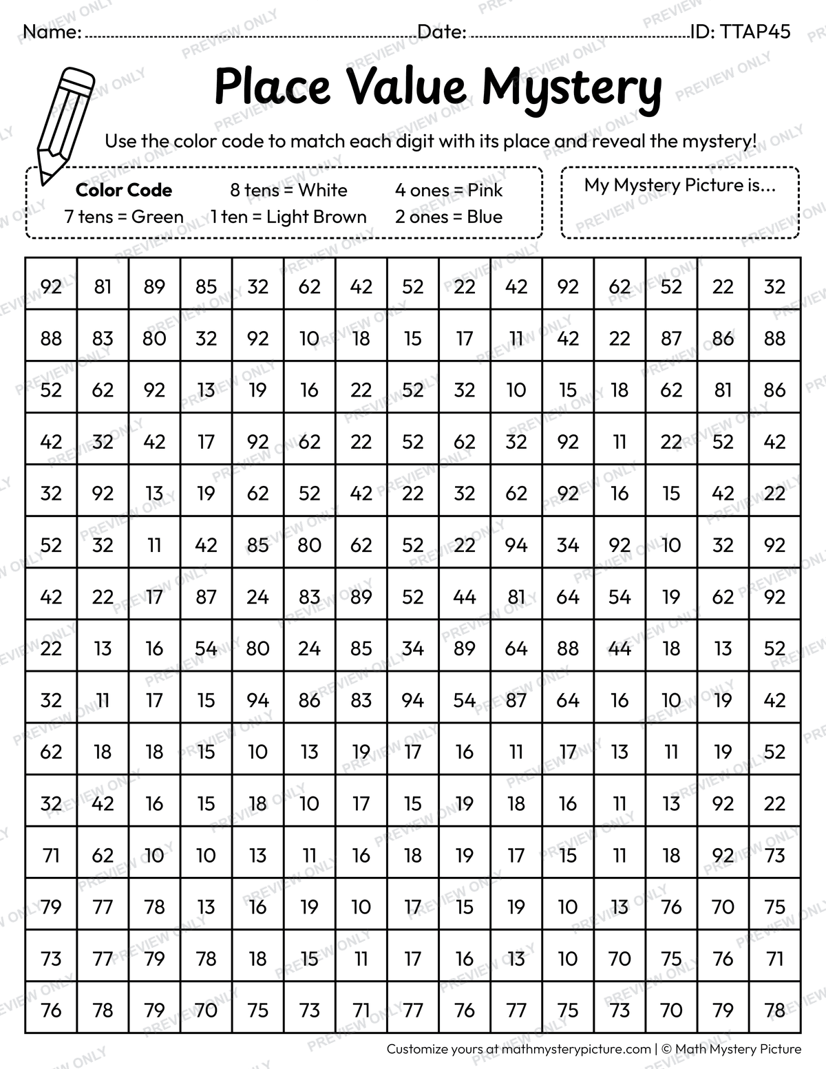 Easter Basket 2-digit Place Value Math Mystery Picture Coloring Worksheet