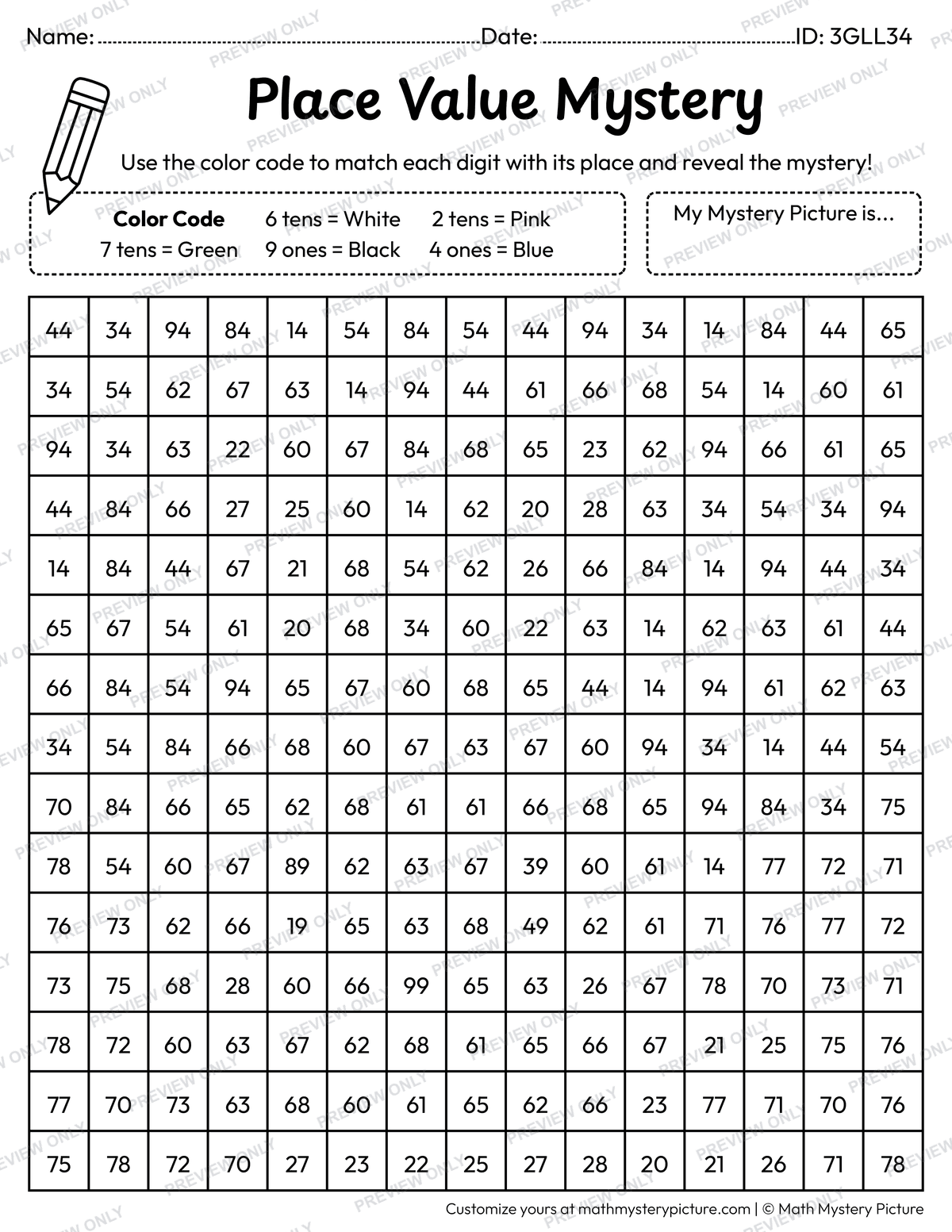 Easter Bunny 2-digit Place Value Math Mystery Picture Coloring Worksheet