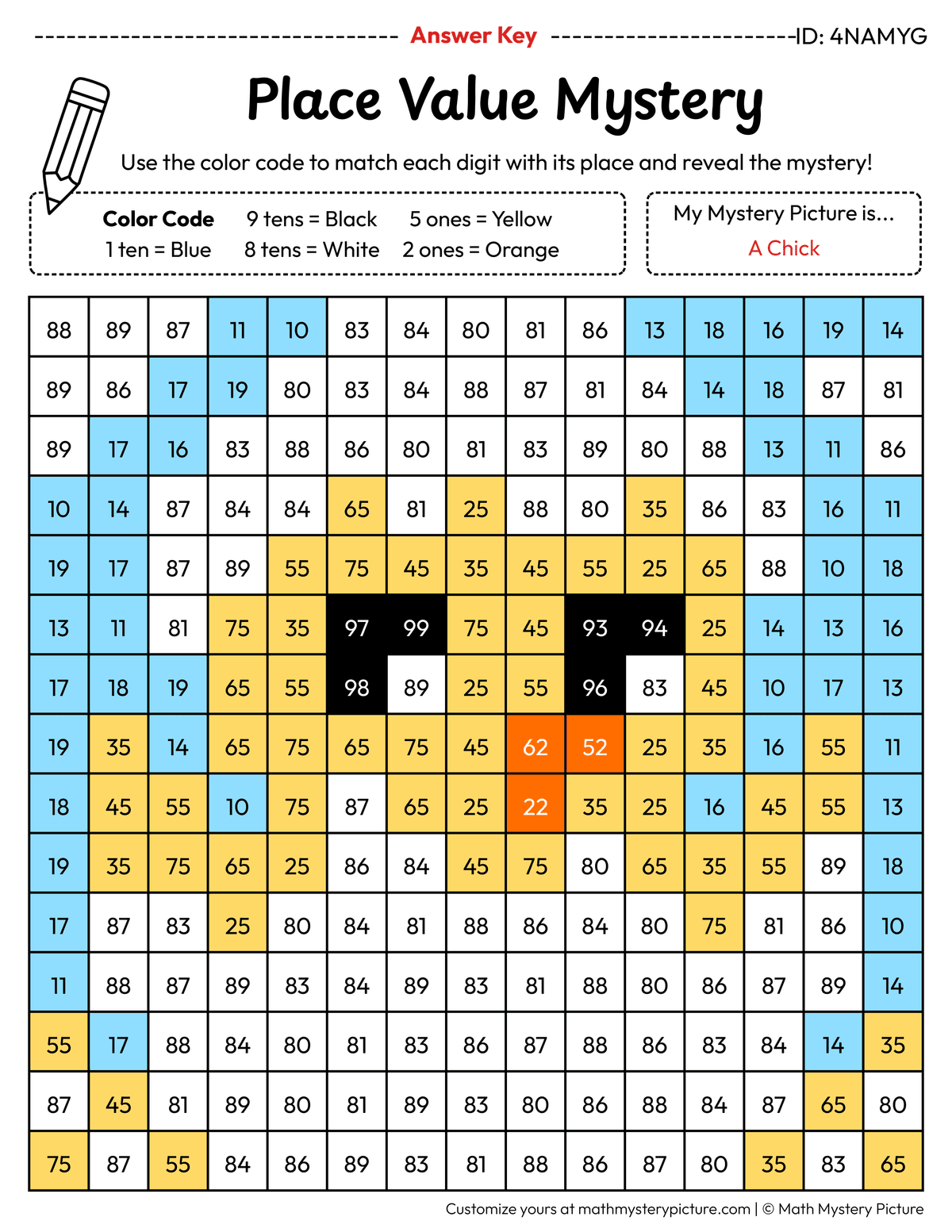 Easter Chick 2-digit Place Value Math Mystery Picture Color by Number Answer Key