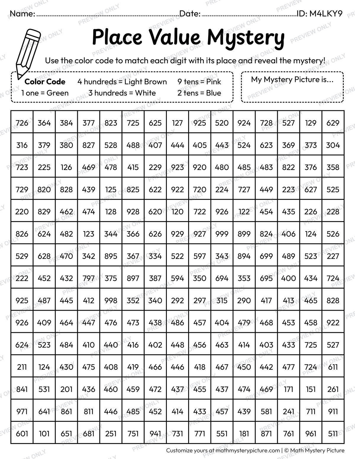 Easter Basket 3-digit Place Value Math Mystery Picture Coloring Worksheet