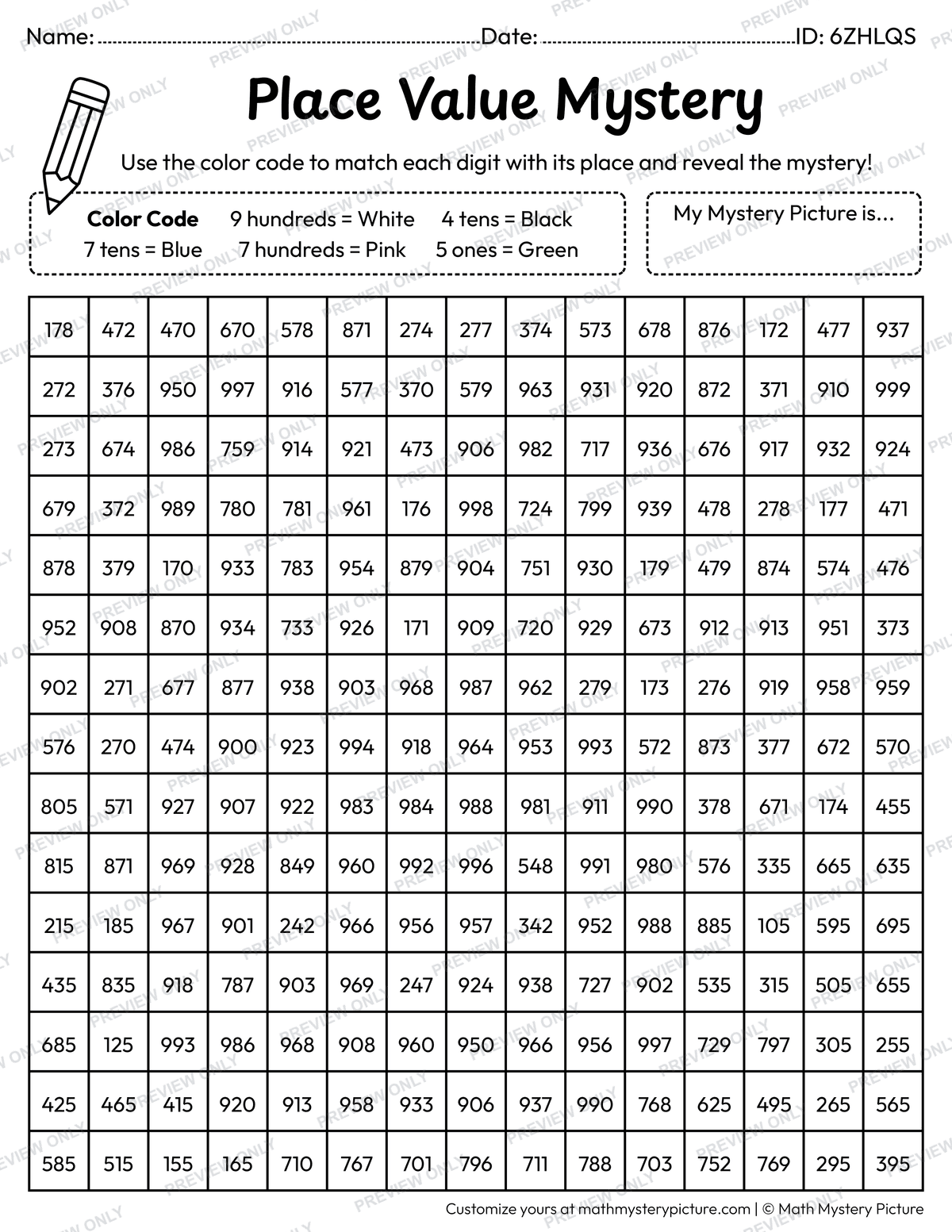 Easter Bunny 3-digit Place Value Math Mystery Picture Coloring Worksheet