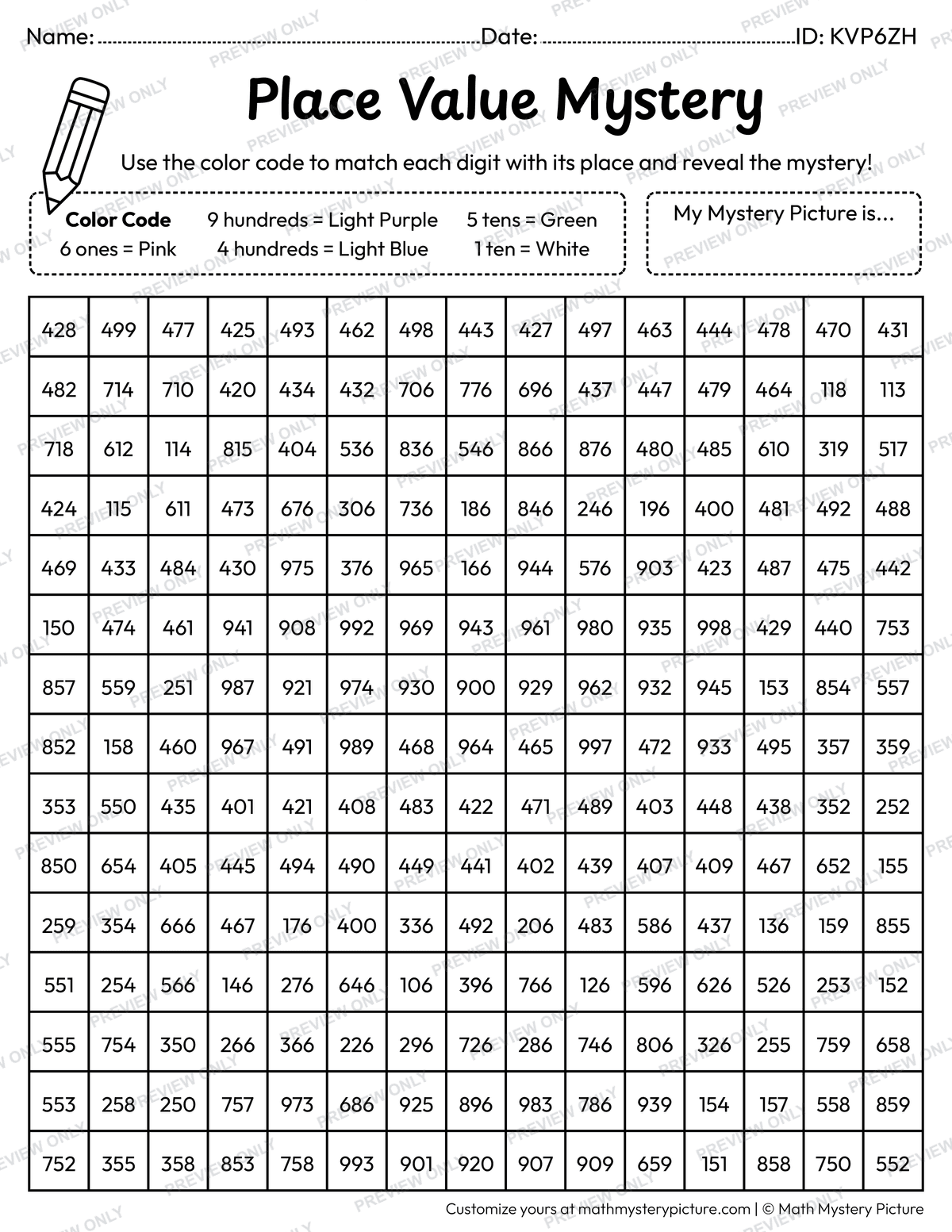 Easter Egg 3-digit Place Value Math Mystery Picture Coloring Worksheet