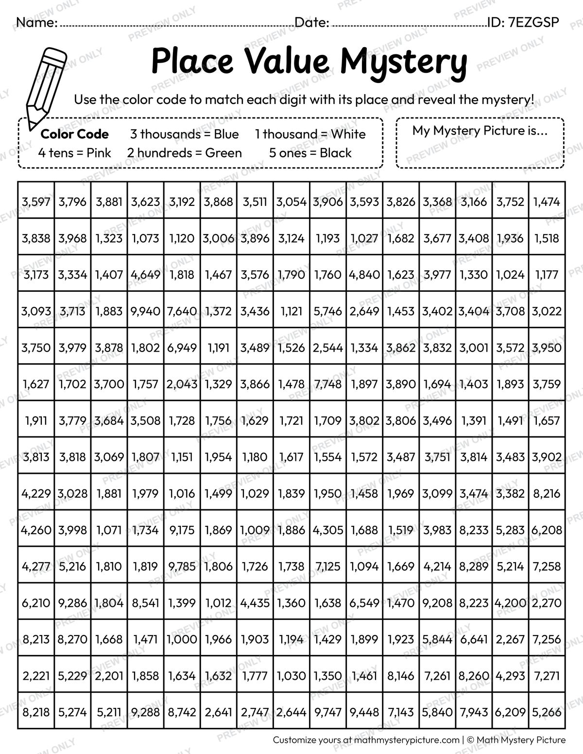 Easter Bunny 4-digit Place Value Math Mystery Picture Coloring Worksheet