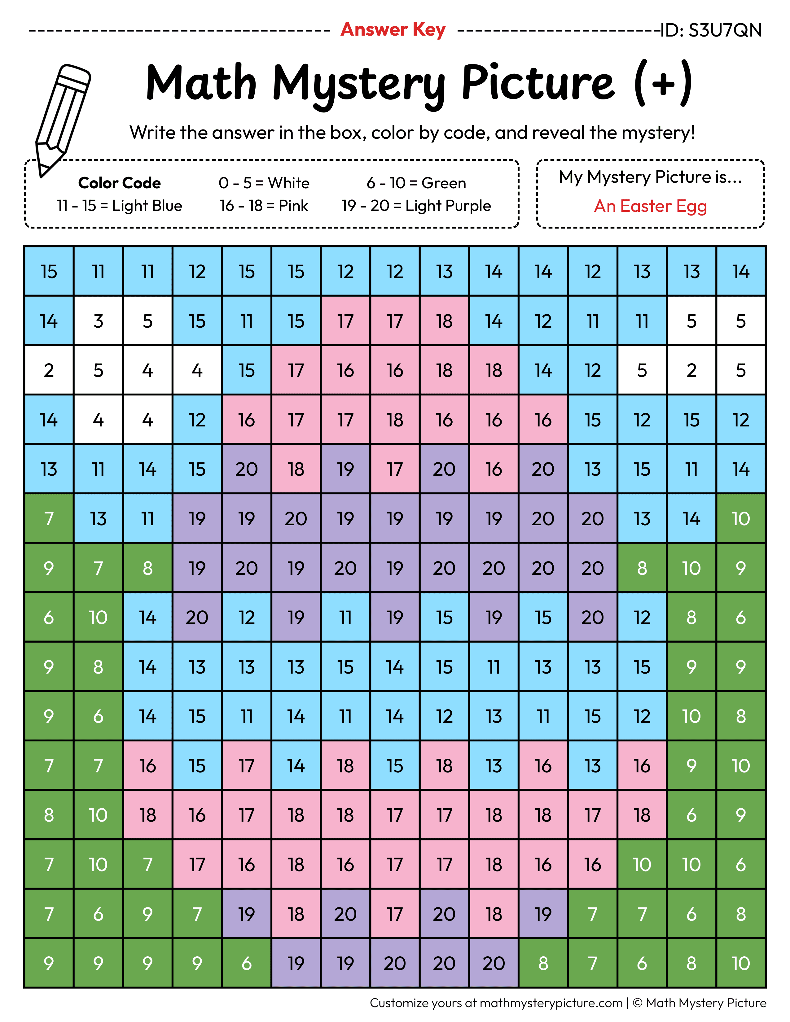 Easter Egg Addition Within 20 Math Mystery Picture Color by Number Answer Key