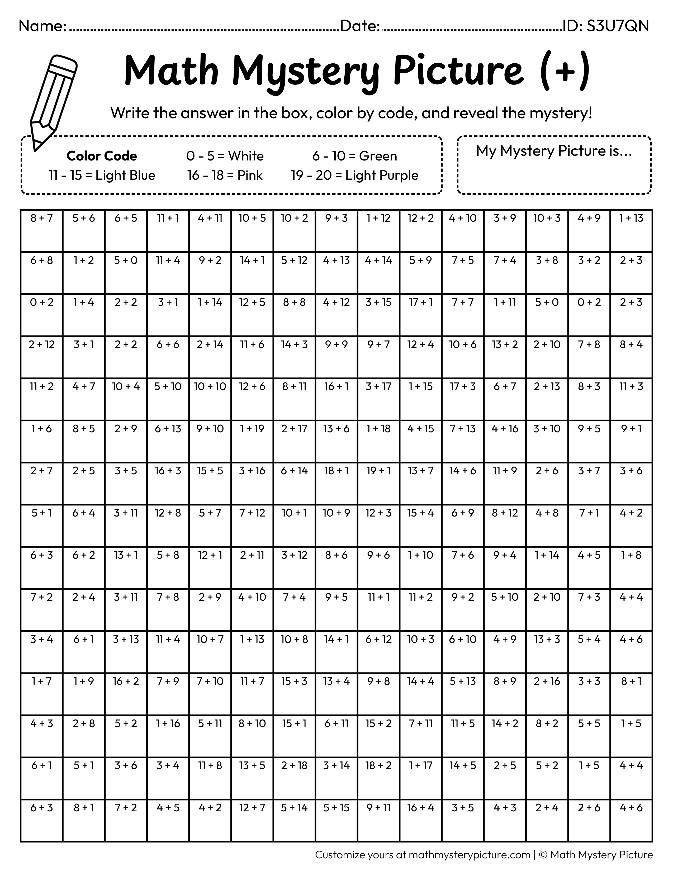 Easter Egg Addition Within 20 Math Mystery Picture Coloring Worksheet