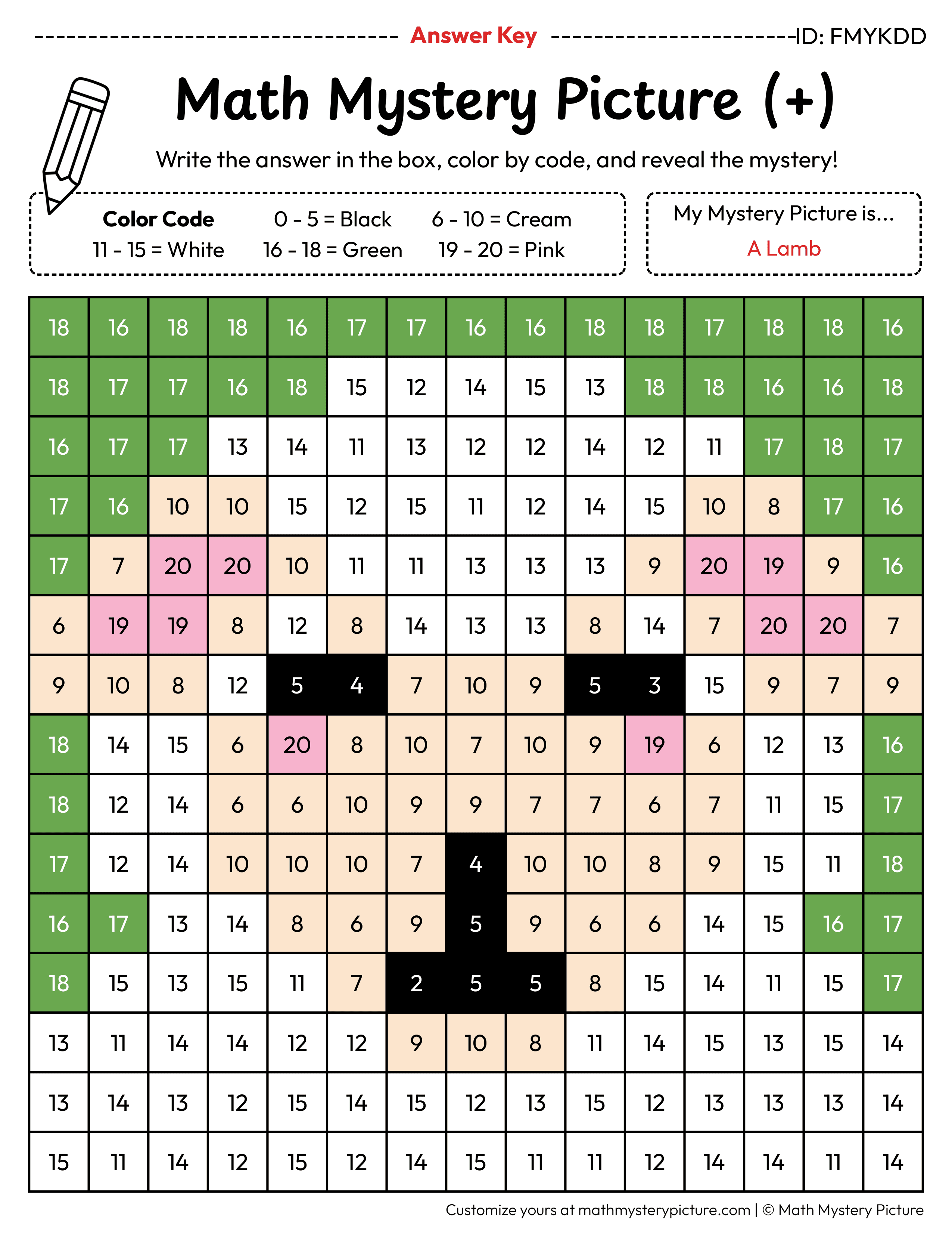 Easter Lamb Addition Within 20 Math Mystery Picture Color by Number Answer Key