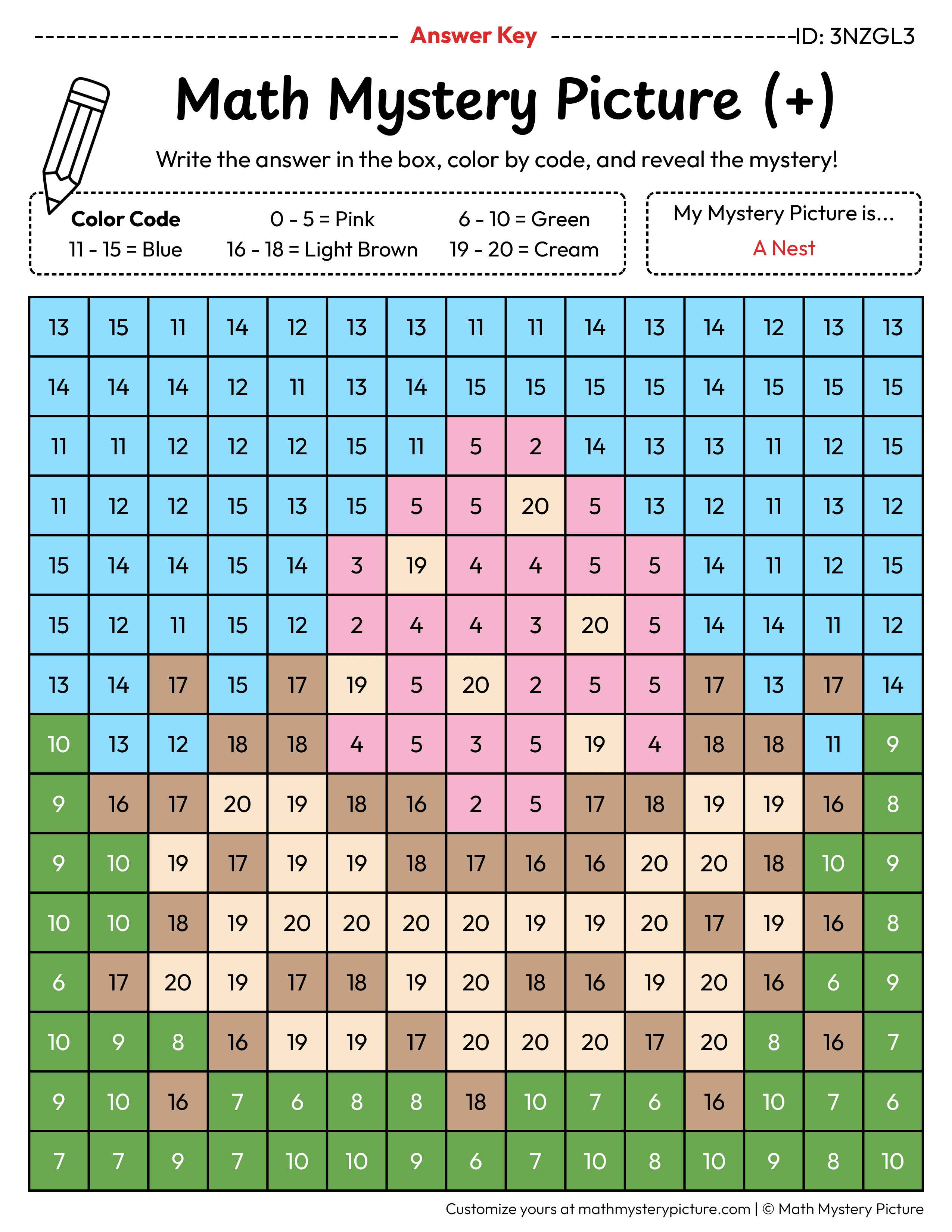 Easter Nest Addition Within 20 Math Mystery Picture Color by Number Answer Key