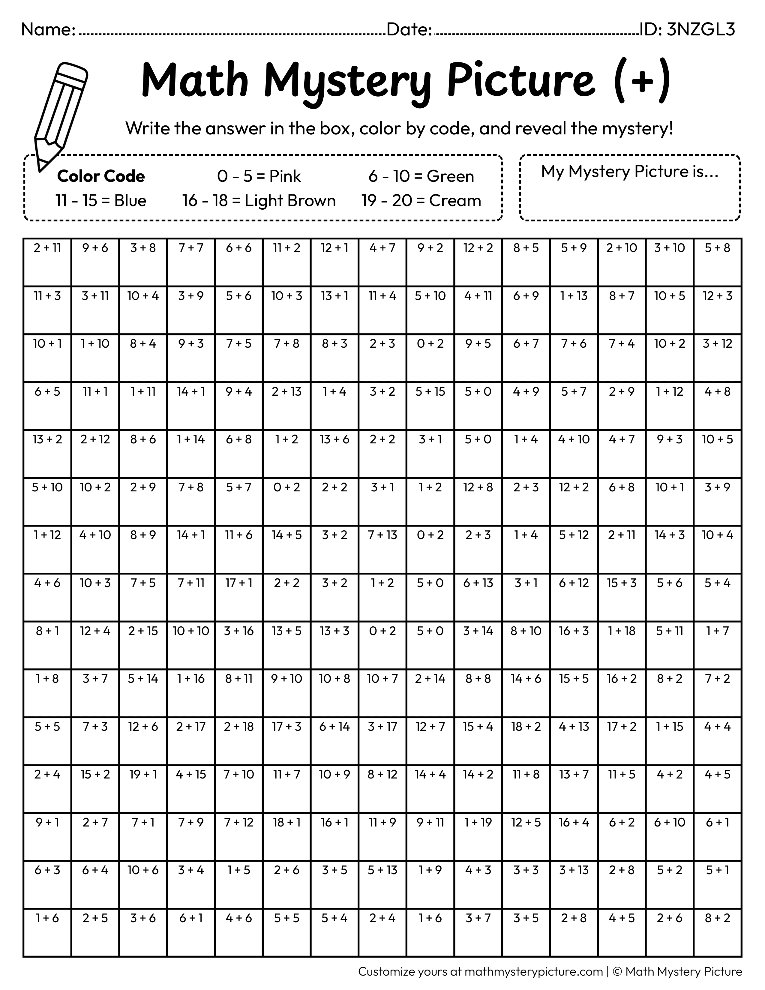 Easter Nest Addition Within 20 Math Mystery Picture Coloring Worksheet