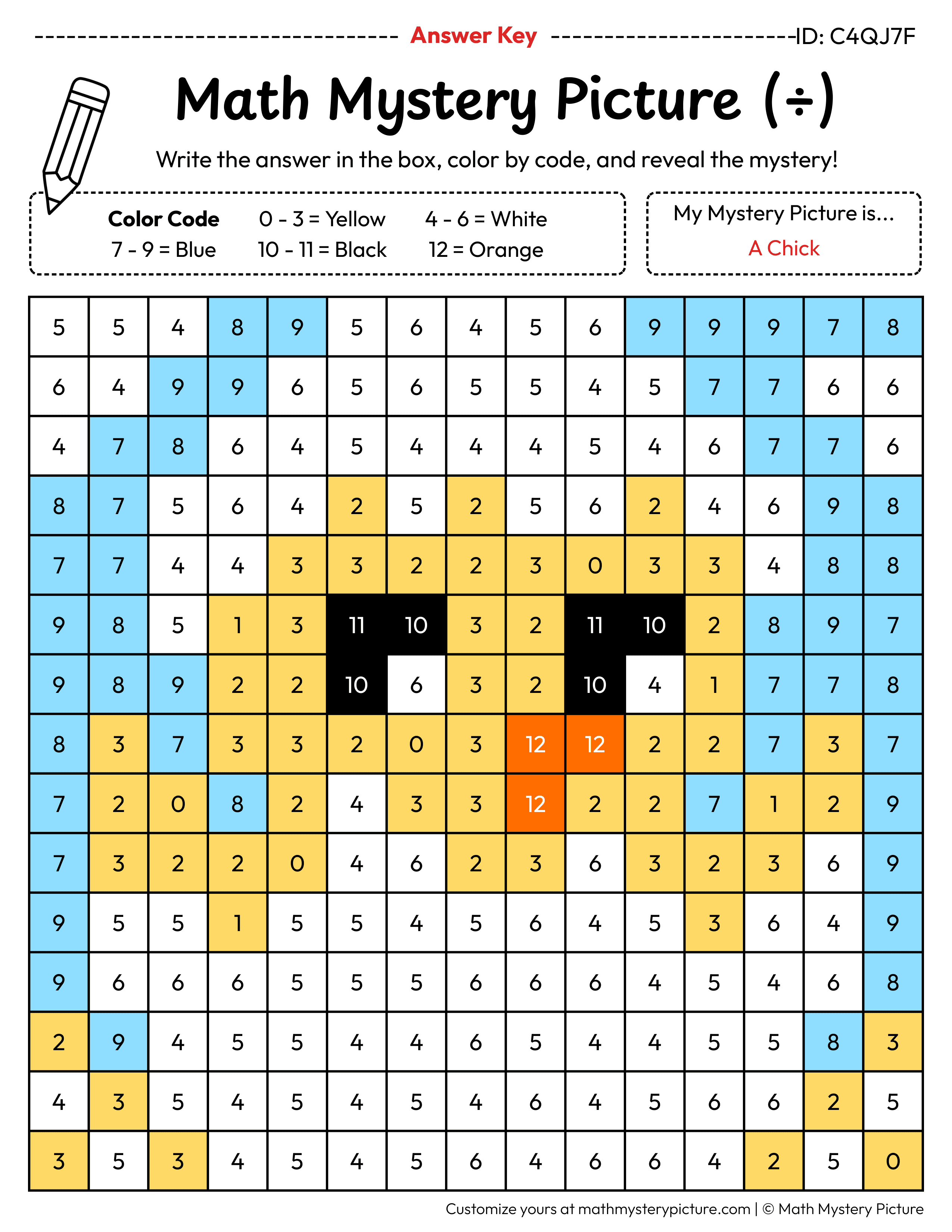 Easter Chick Division Facts Math Mystery Picture Color by Number Answer Key