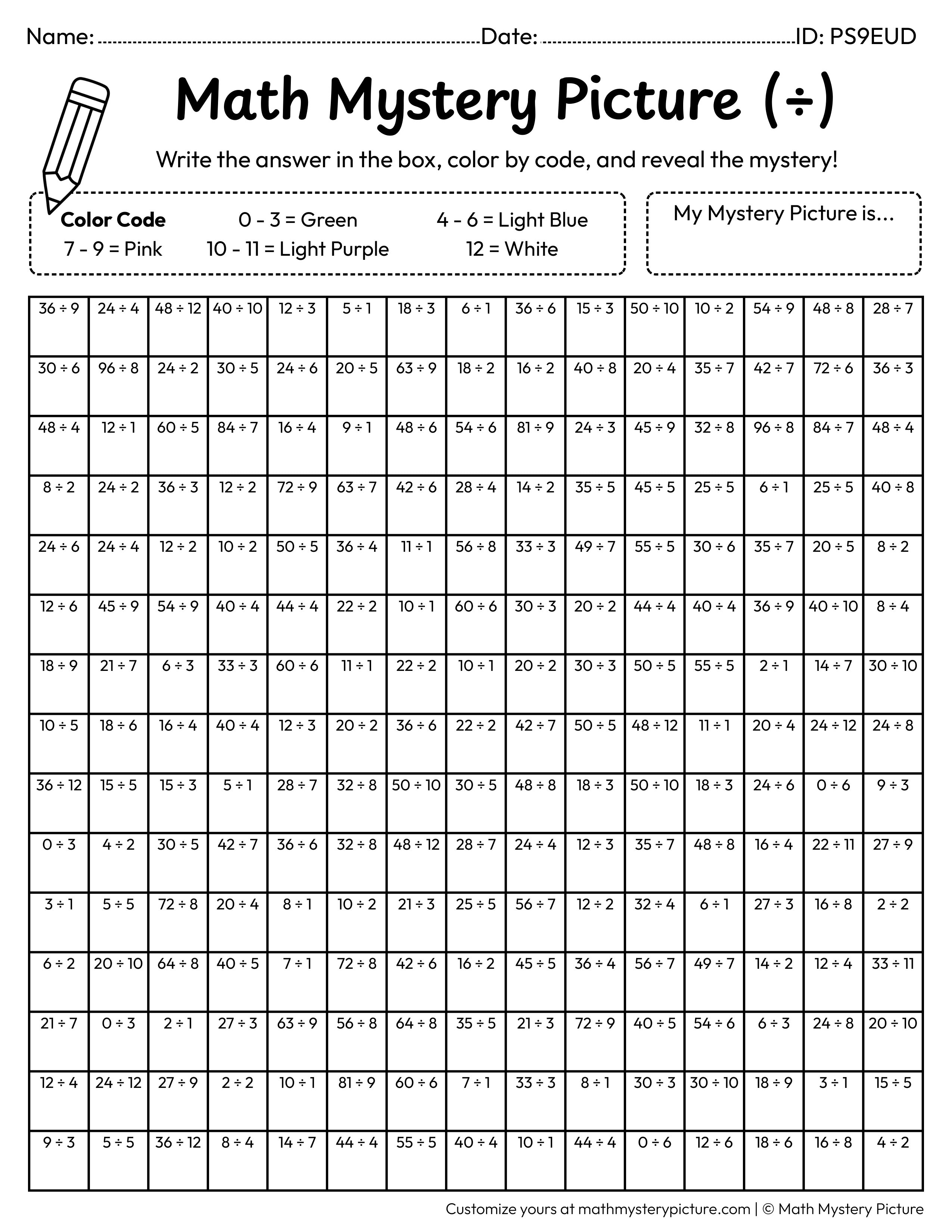 Easter Egg Division Facts Math Mystery Picture Coloring Worksheet