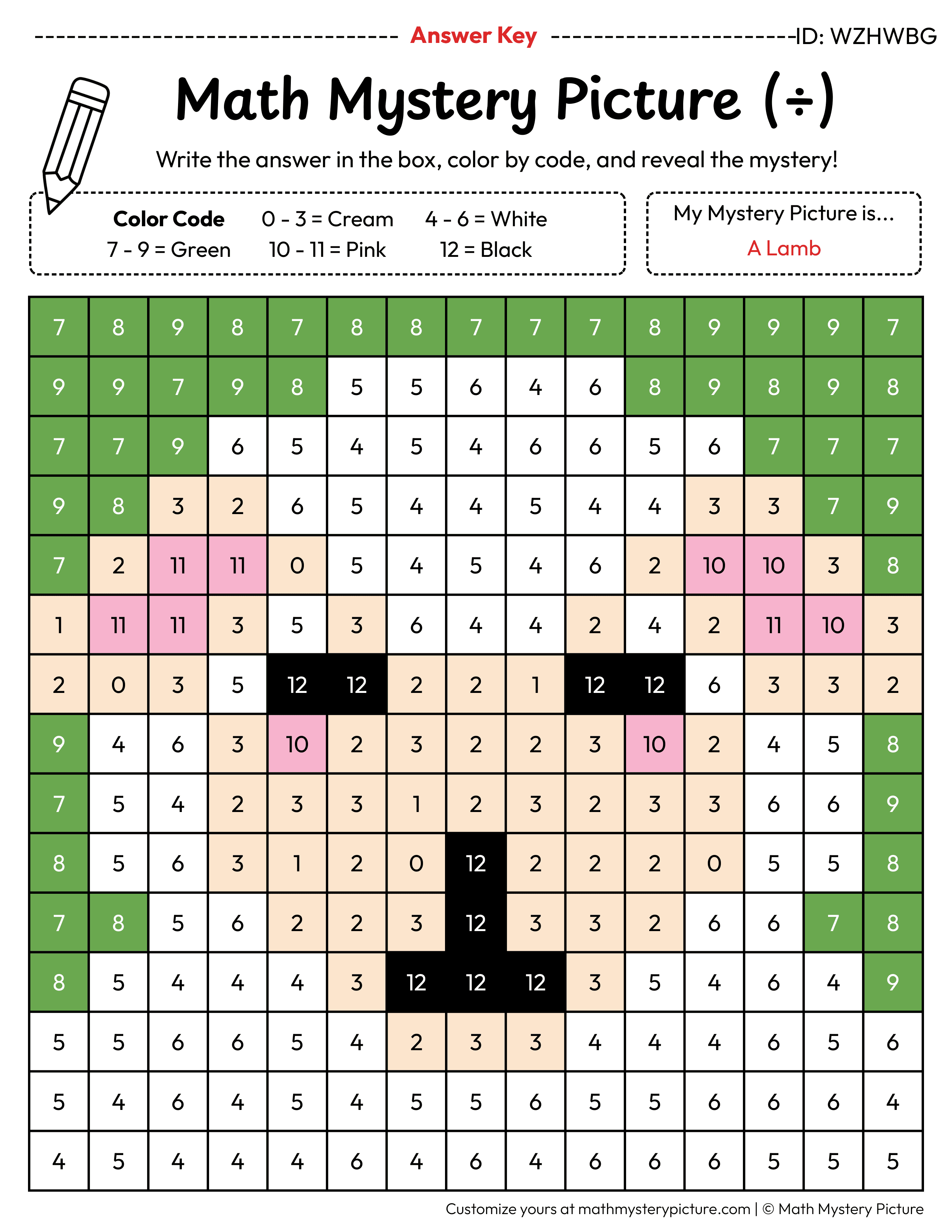 Easter Lamb Division Facts Math Mystery Picture Color by Number Answer Key