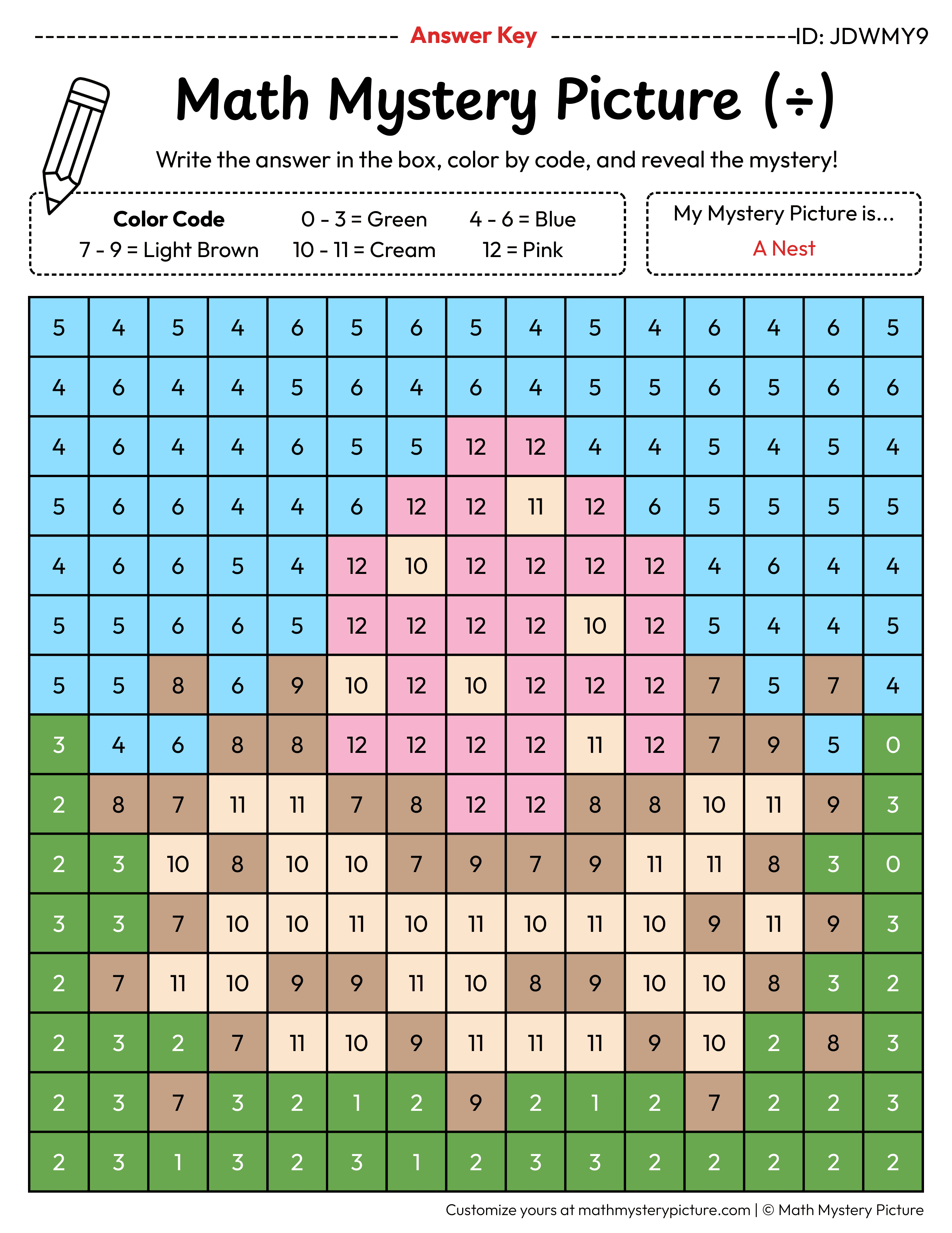 Easter Nest Division Facts Math Mystery Picture Color by Number Answer Key