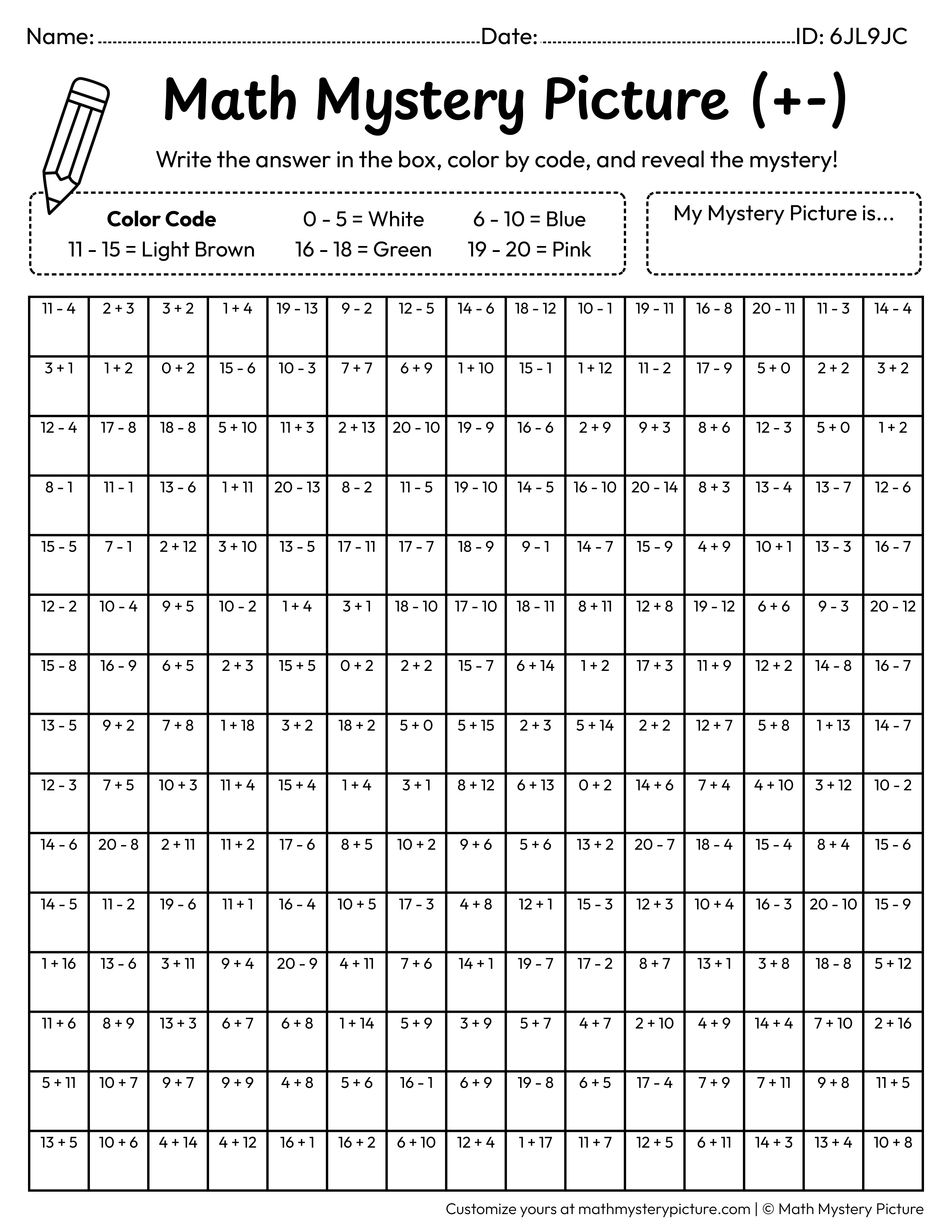 Easter Basket Mixed Addition and Subtraction Within 20 Math Mystery Picture Coloring Worksheet