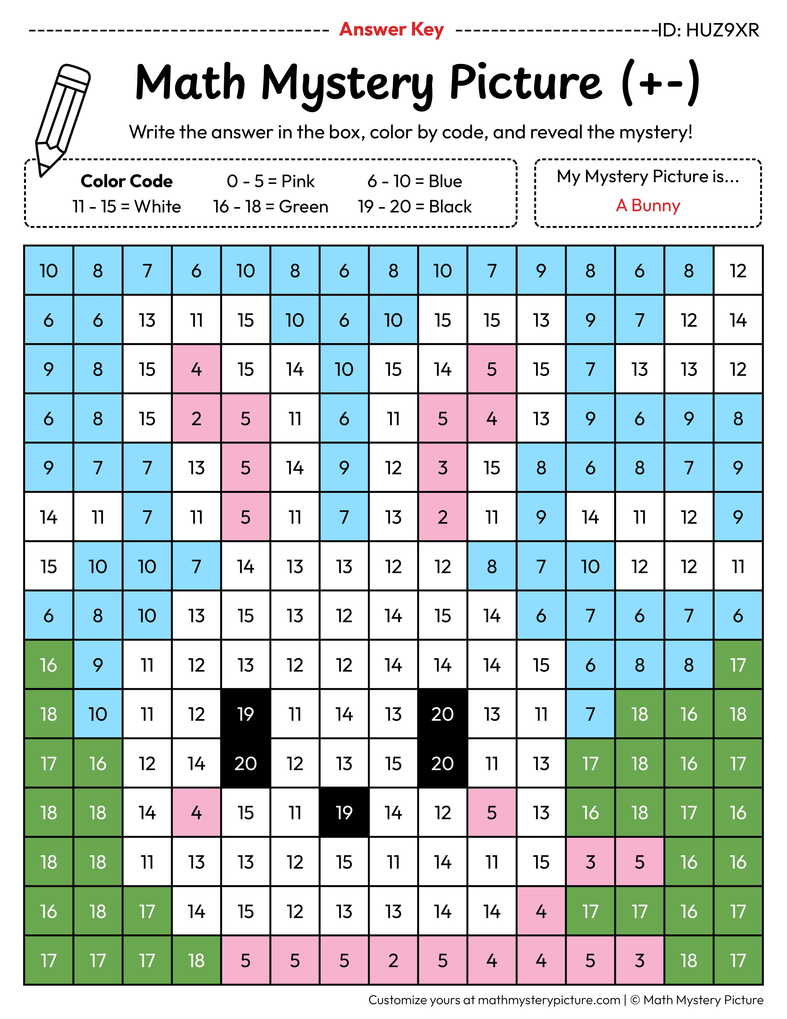 Easter Bunny Mixed Addition and Subtraction Within 20 Math Mystery Picture Color by Number Answer Key