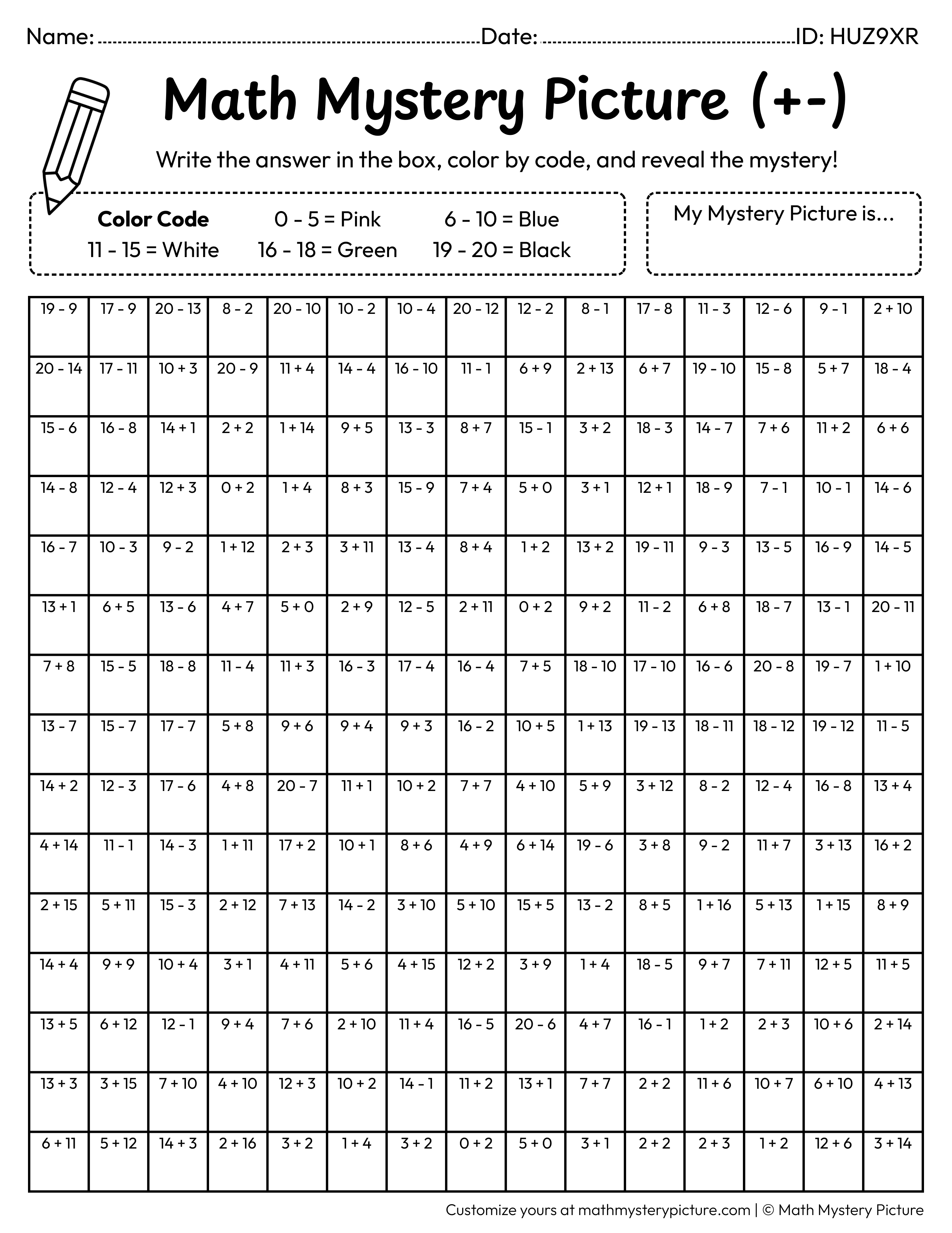Easter Bunny Mixed Addition and Subtraction Within 20 Math Mystery Picture Coloring Worksheet