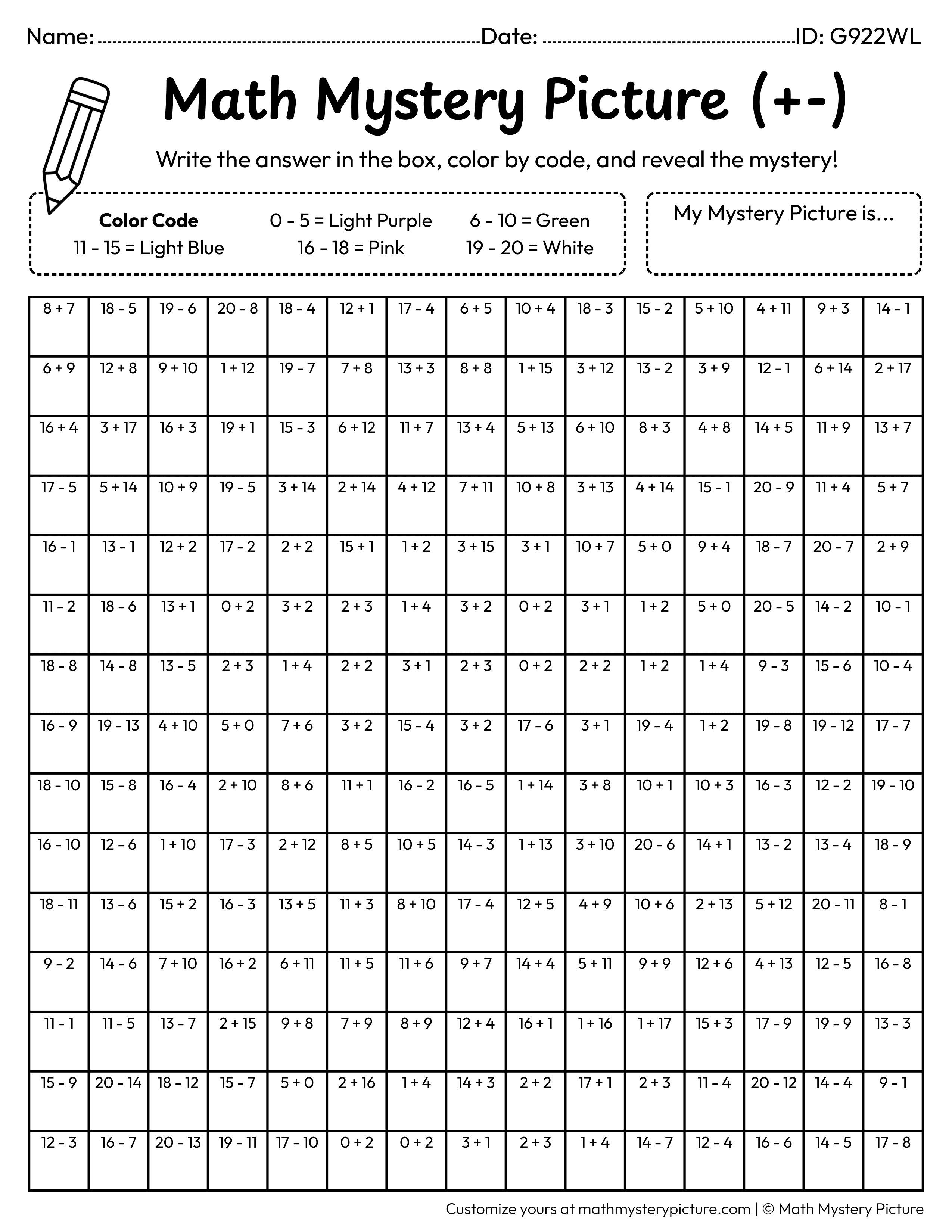 Easter Egg Mixed Addition and Subtraction Within 20 Math Mystery Picture Coloring Worksheet
