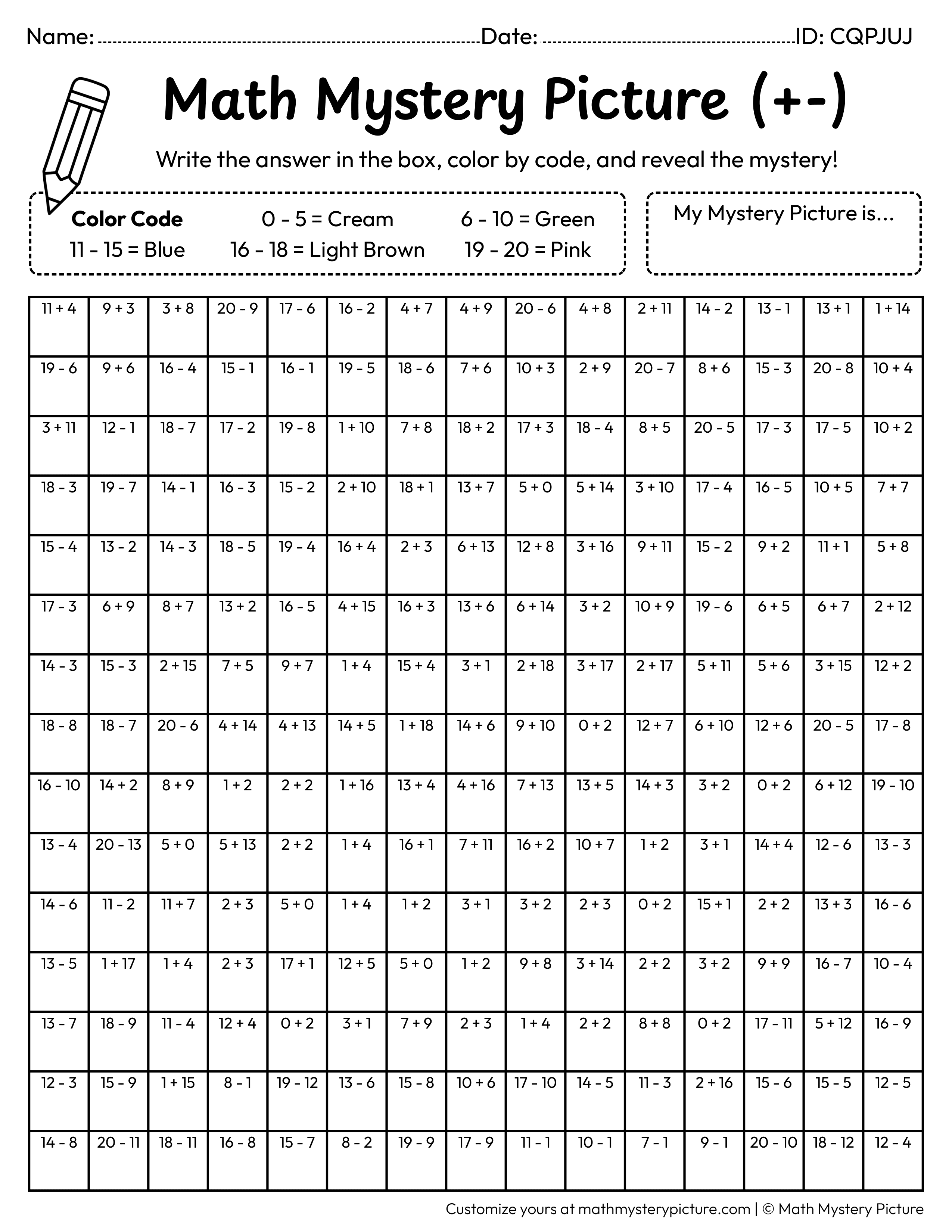 Easter Nest Mixed Addition and Subtraction Within 20 Math Mystery Picture Coloring Worksheet