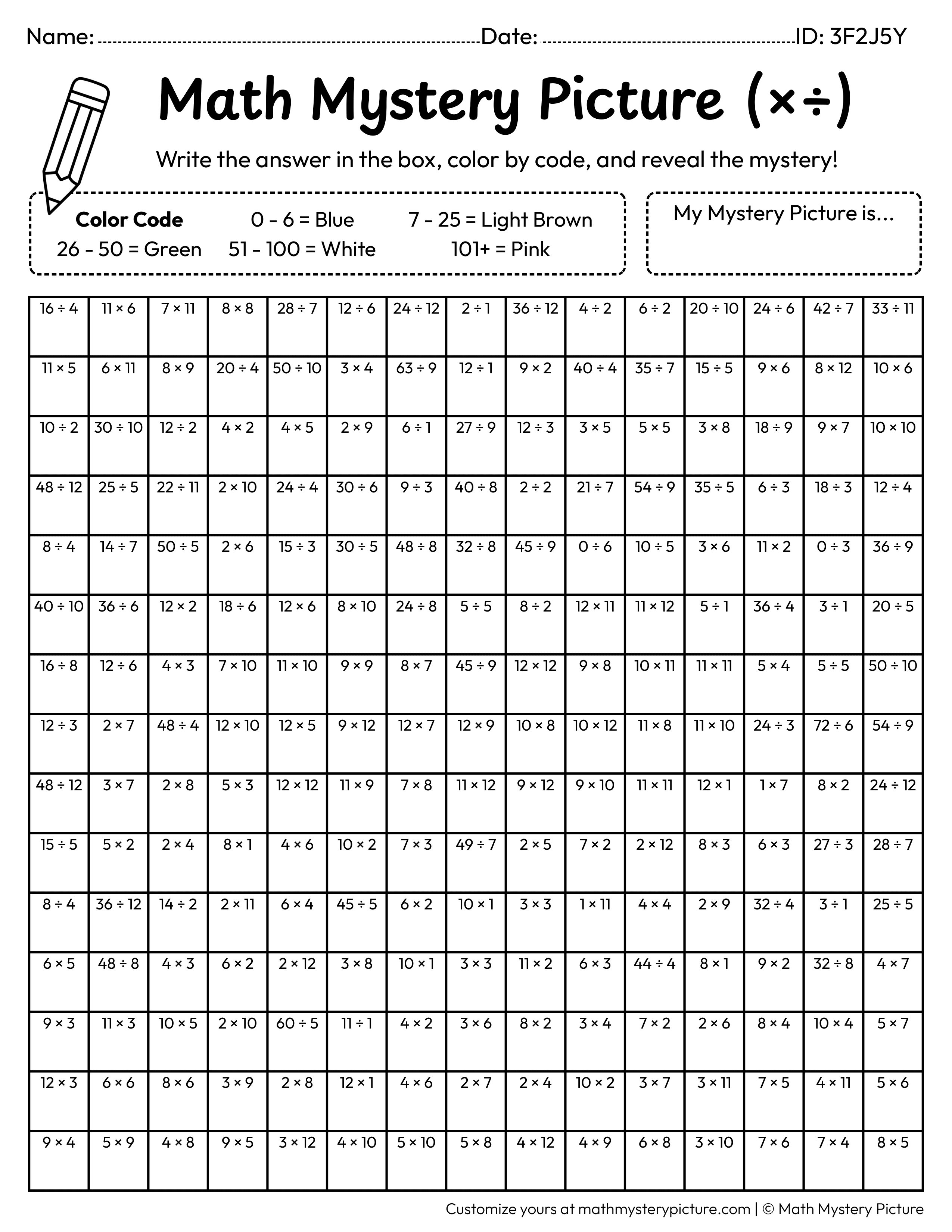 Easter Basket Mixed Multiplication and Division Facts Math Mystery Picture Coloring Worksheet
