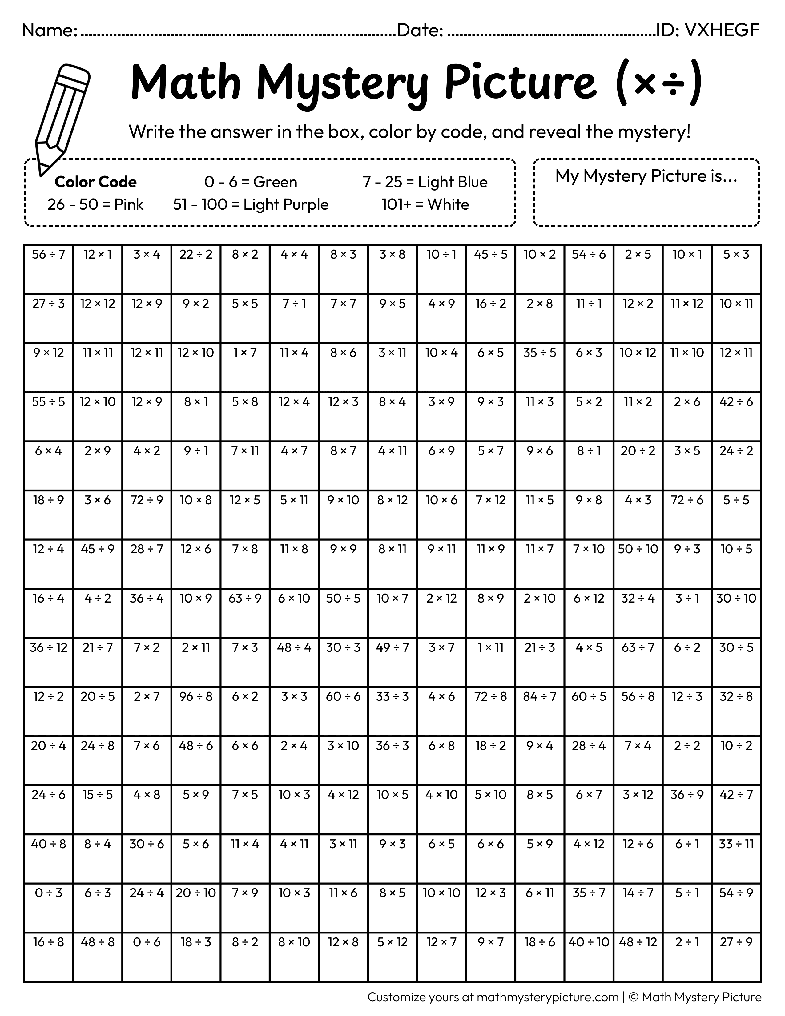 Easter Egg Mixed Multiplication and Division Facts Math Mystery Picture Coloring Worksheet