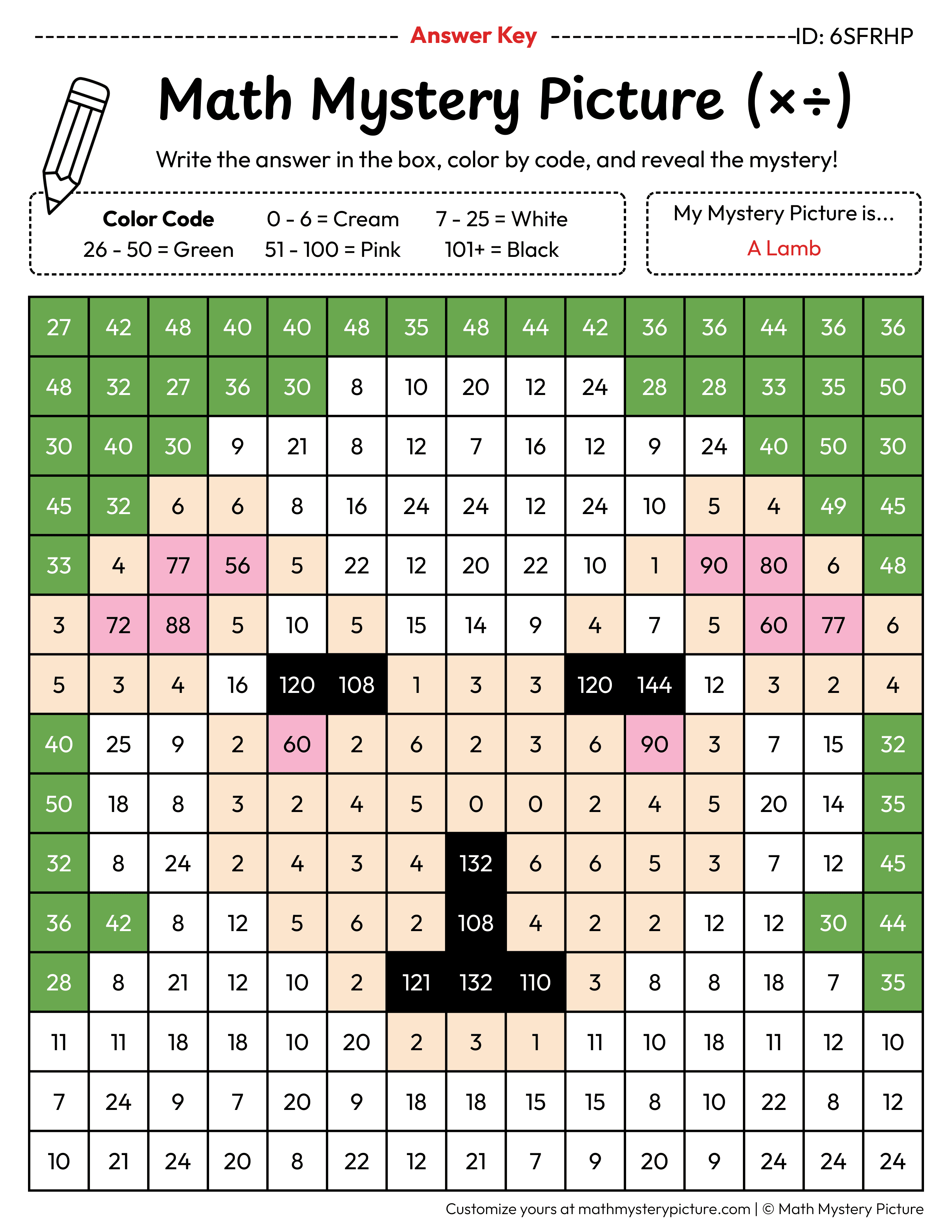Easter Lamb Mixed Multiplication and Division Facts Math Mystery Picture Color by Number Answer Key