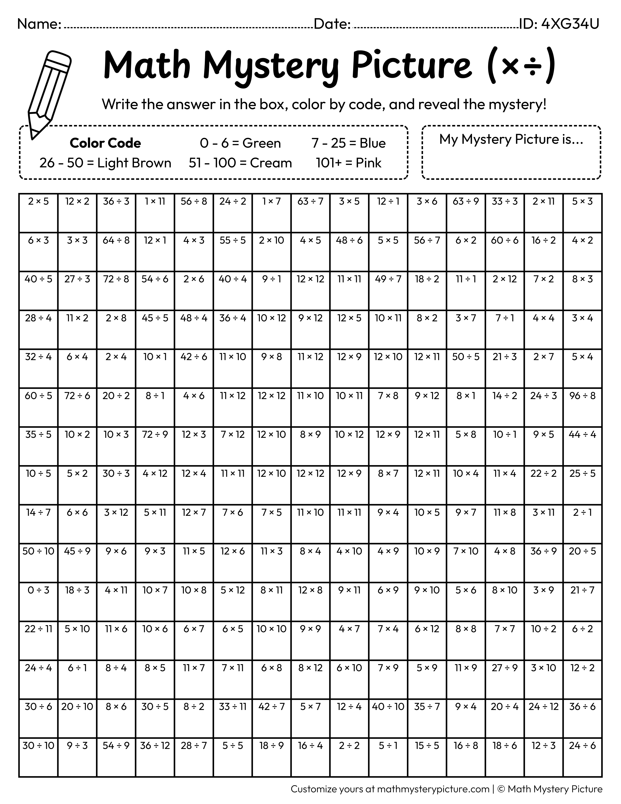 Easter Nest Mixed Multiplication and Division Facts Math Mystery Picture Coloring Worksheet