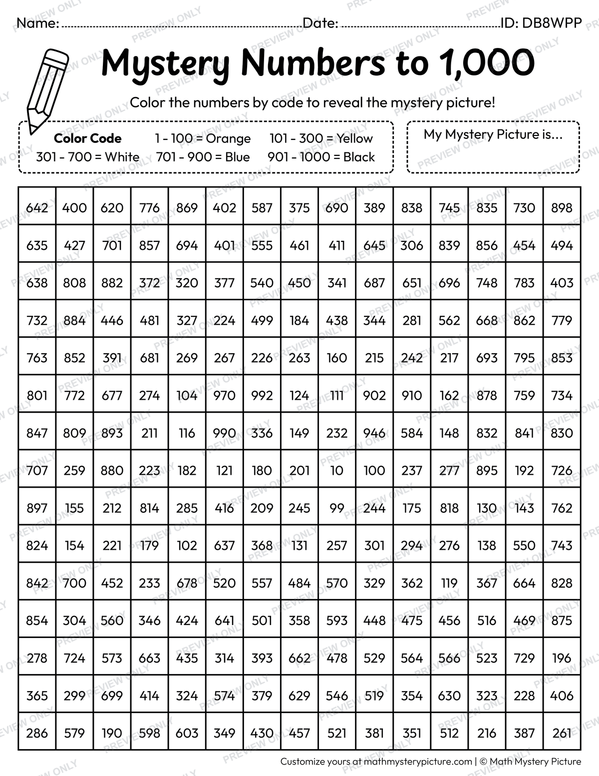 Easter Chick Numbers to 1,000 Math Mystery Picture Coloring Worksheet