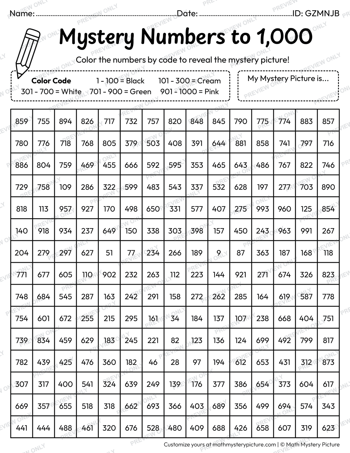 Easter Lamb Numbers to 1,000 Math Mystery Picture Coloring Worksheet