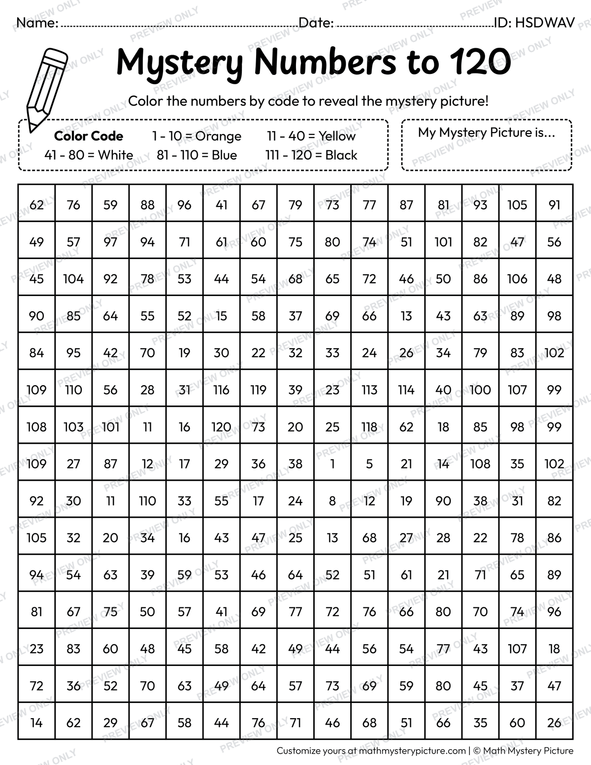 Easter Chick Numbers to 120 Math Mystery Picture Coloring Worksheet