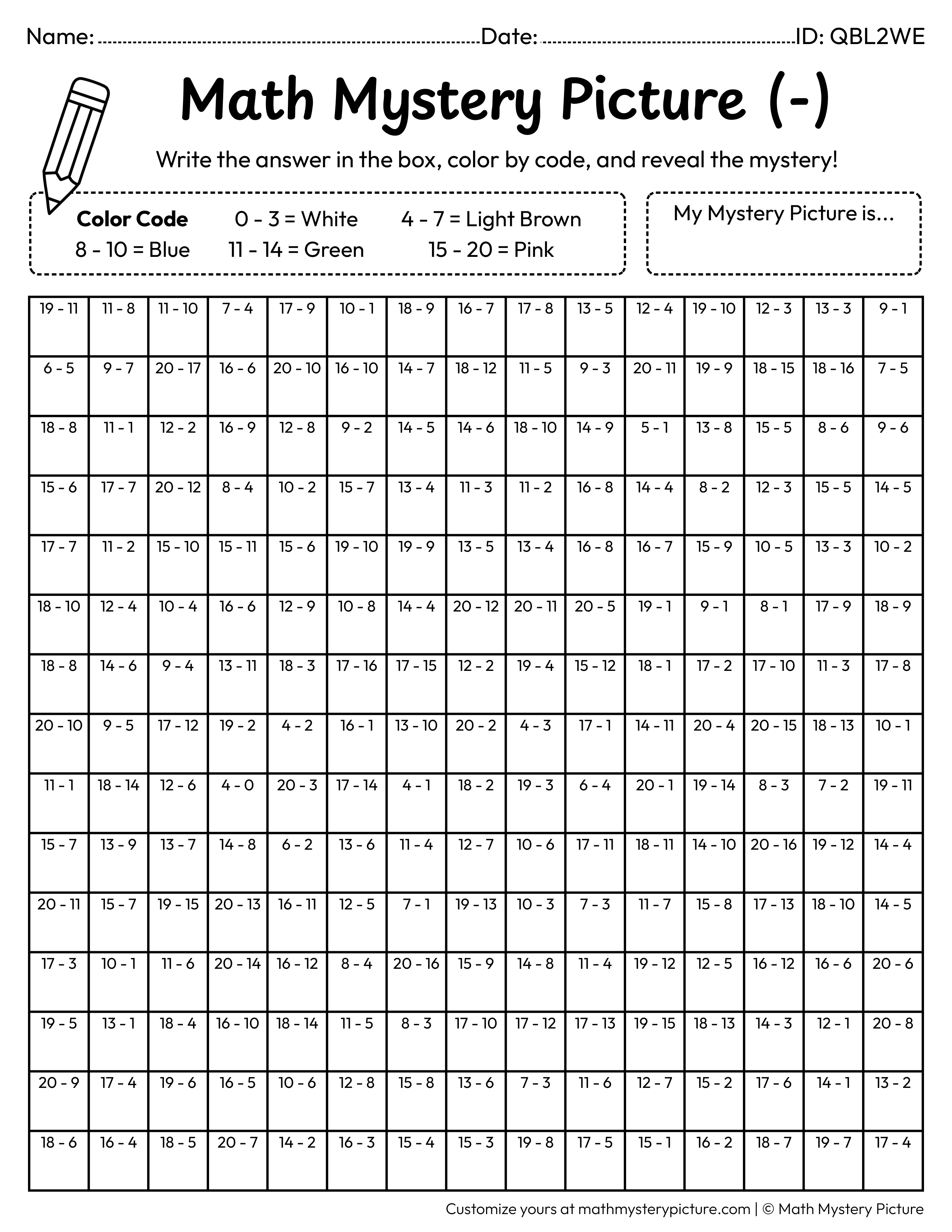 Easter Basket Subtraction Within 20 Math Mystery Picture Coloring Worksheet