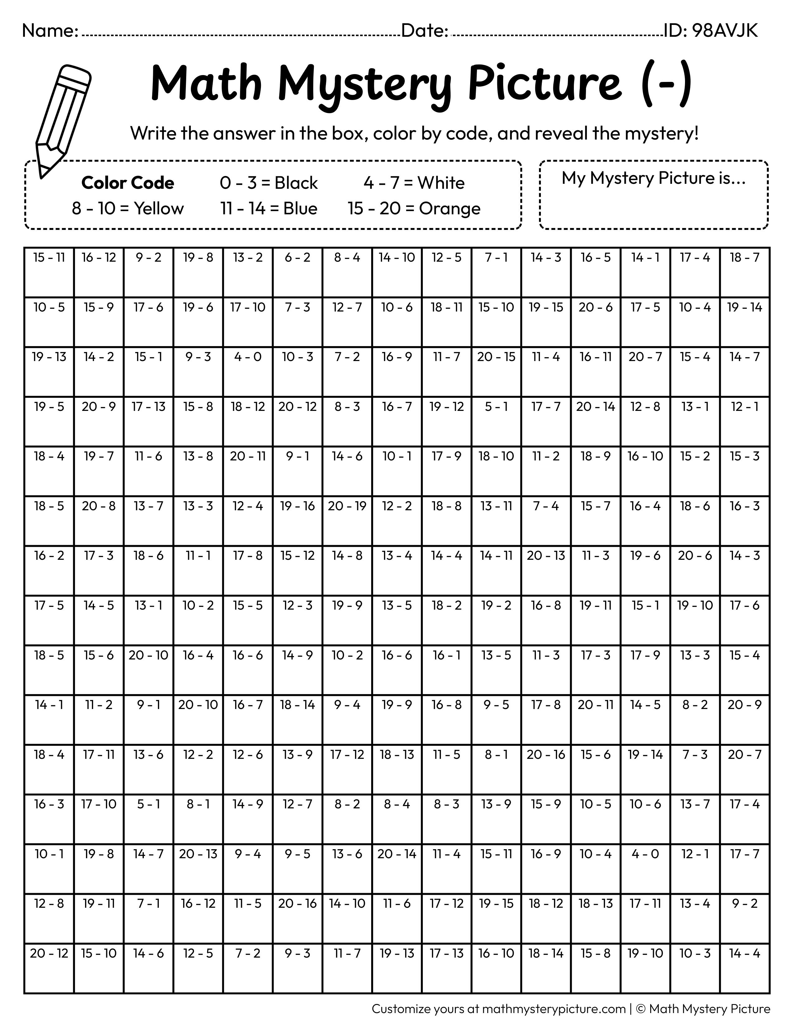 Easter Chick Subtraction Within 20 Math Mystery Picture Coloring Worksheet