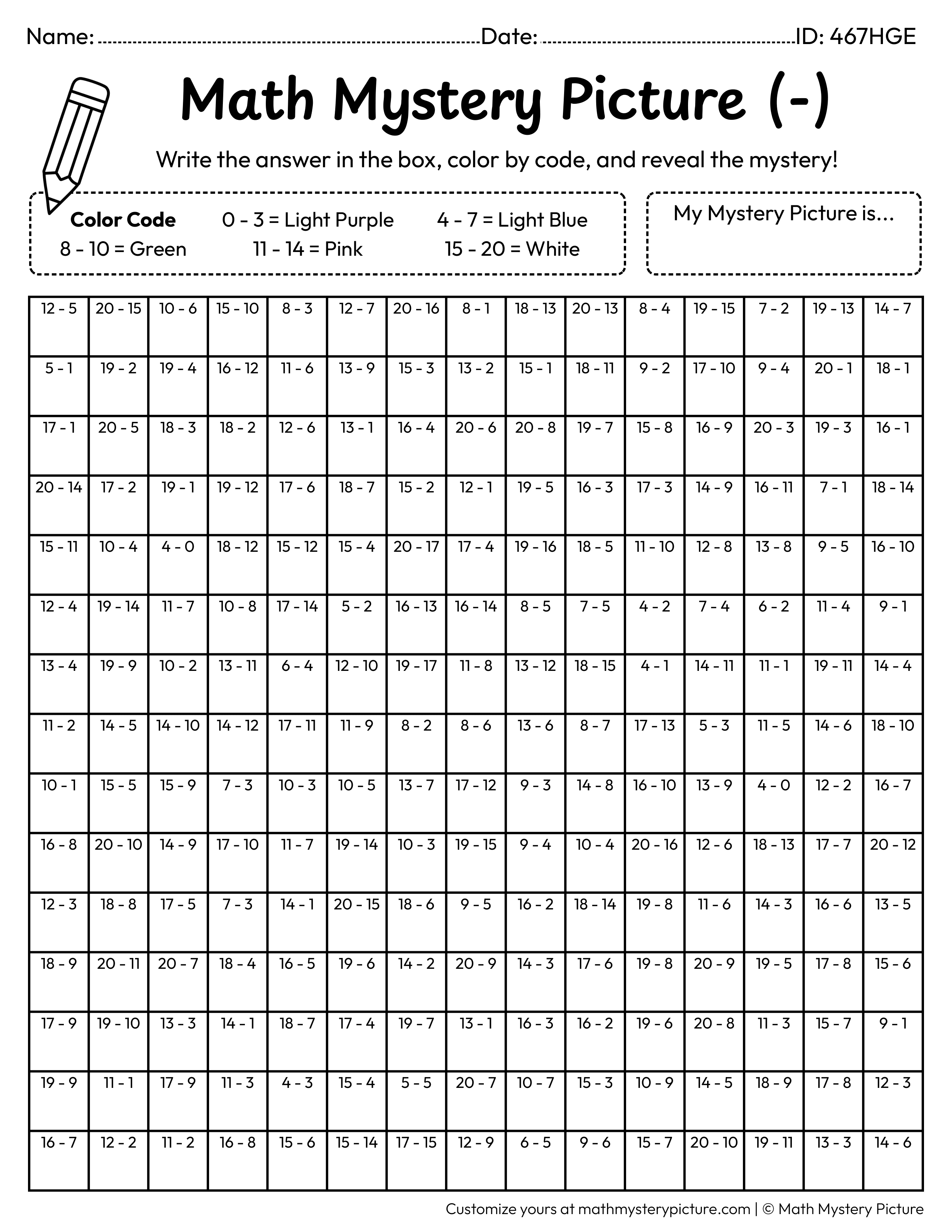 Easter Egg Subtraction Within 20 Math Mystery Picture Coloring Worksheet