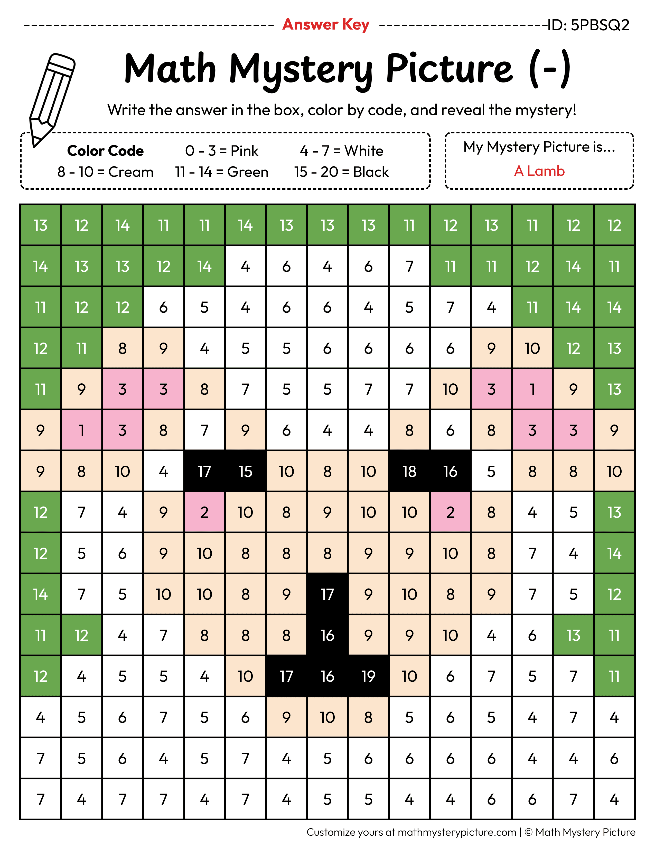 Easter Lamb Subtraction Within 20 Math Mystery Picture Color by Number Answer Key