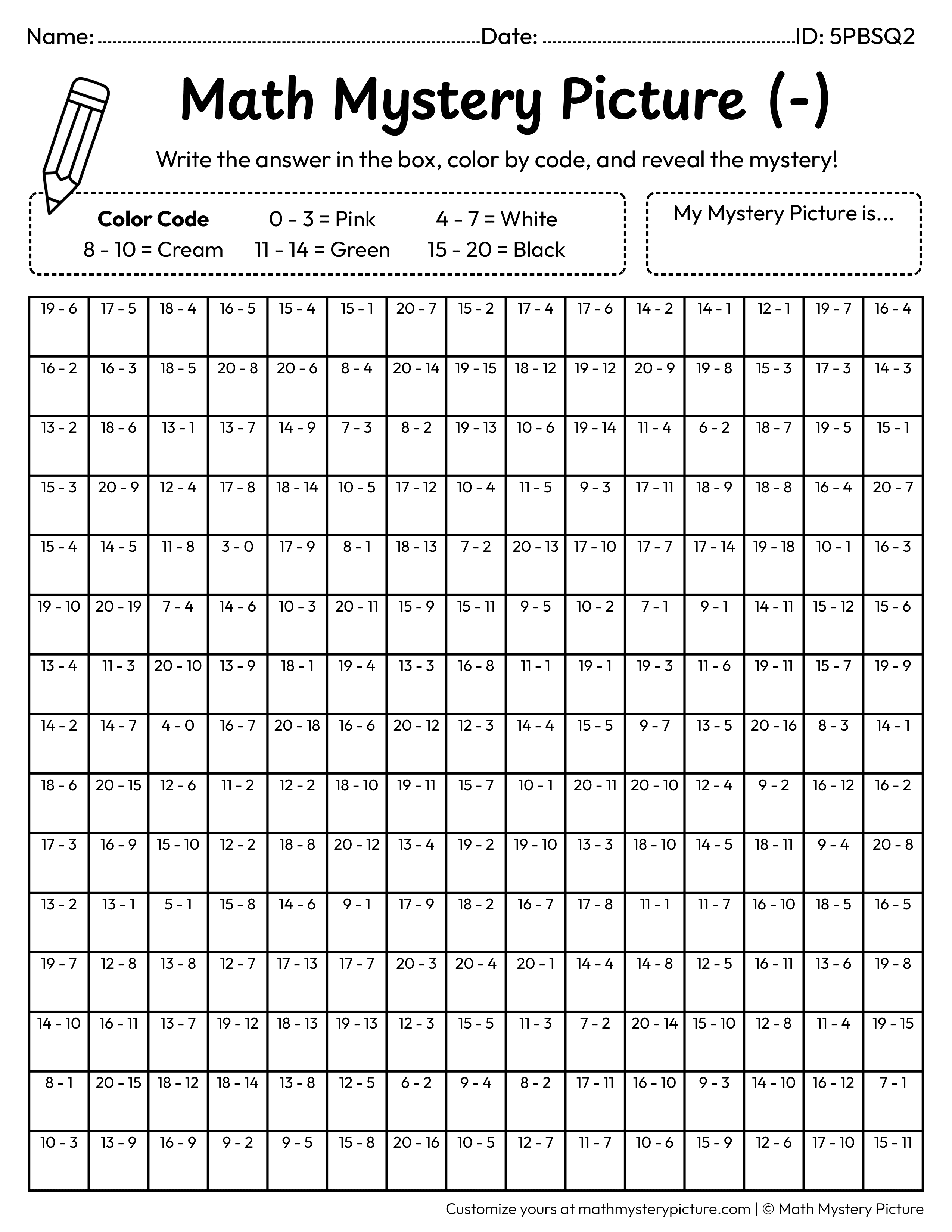 Easter Lamb Subtraction Within 20 Math Mystery Picture Coloring Worksheet