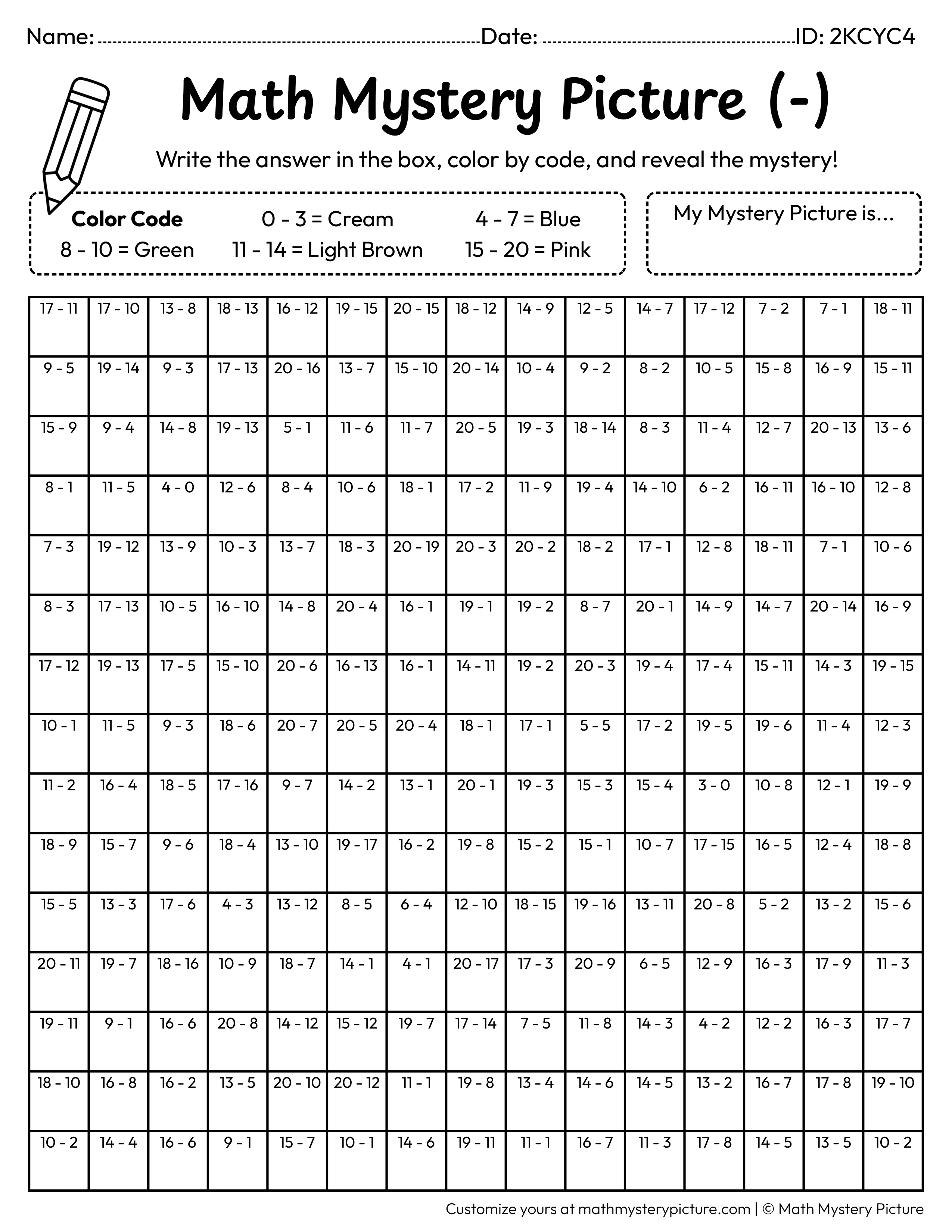 Easter Nest Subtraction Within 20 Math Mystery Picture Coloring Worksheet