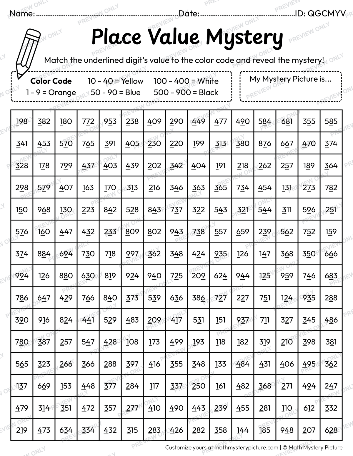 Easter Chick Value of Underlined Digit Math Mystery Picture Coloring Worksheet